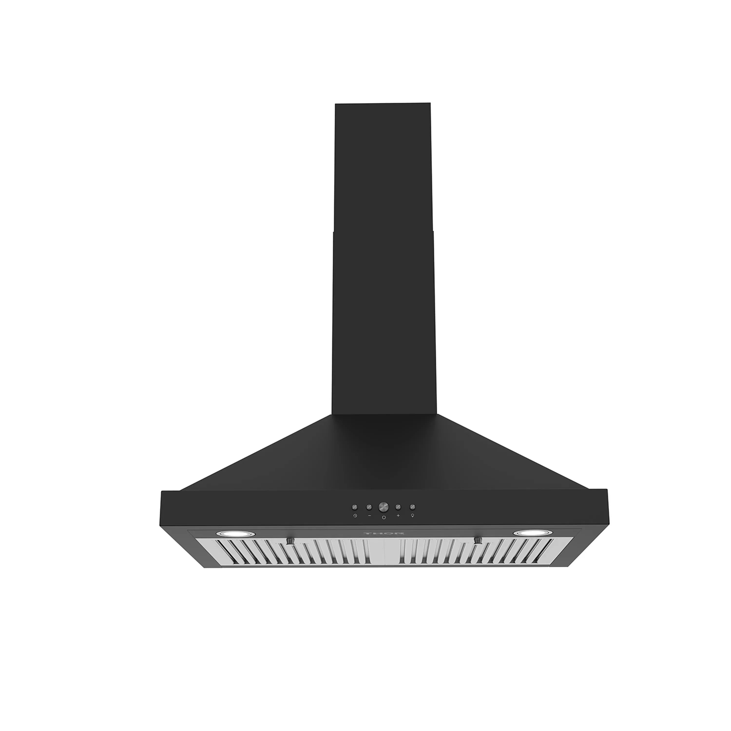Black wall-mount range hood with chimney duct and slim canopy