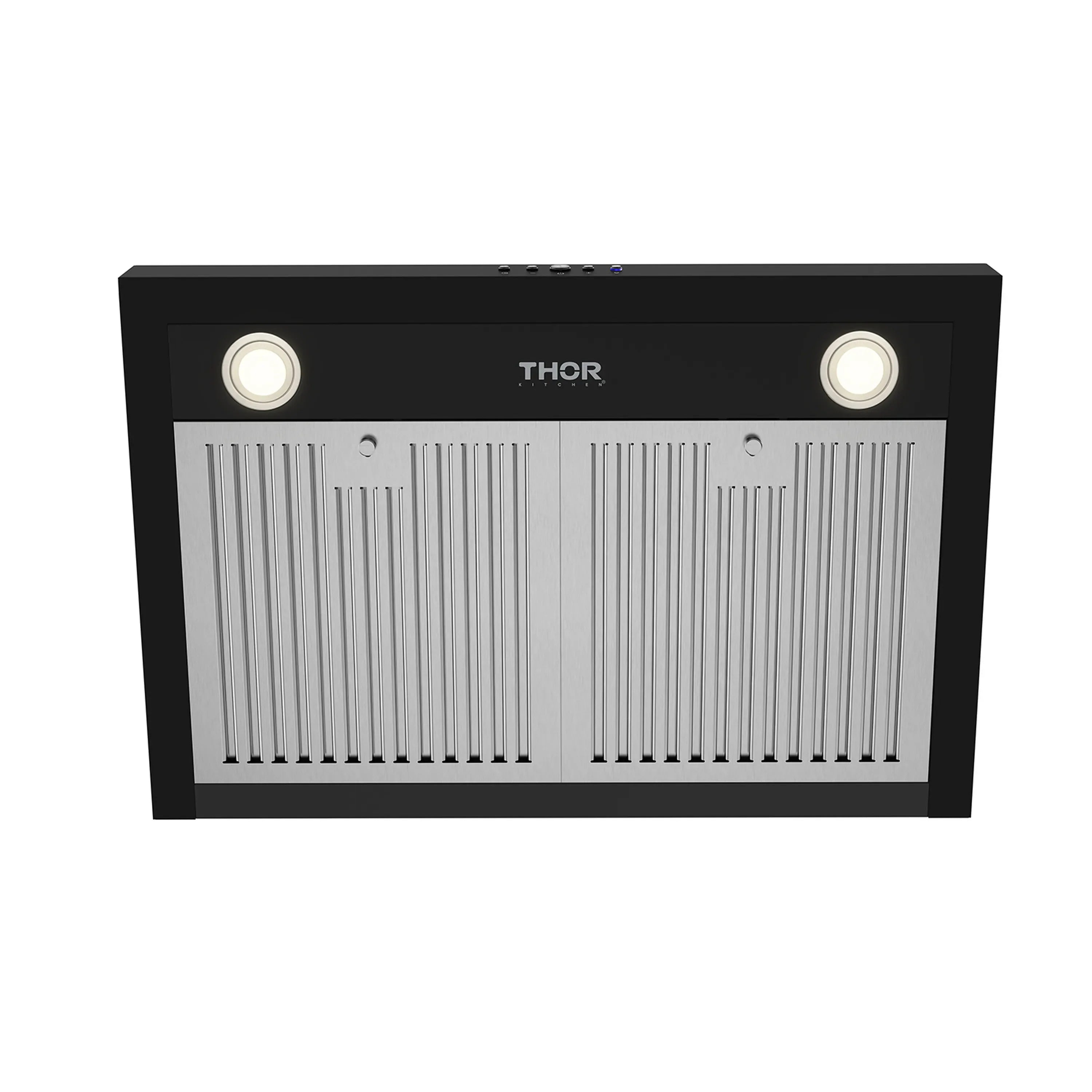 Black range hood front panel with THOR logo, lights, and stainless baffle filter