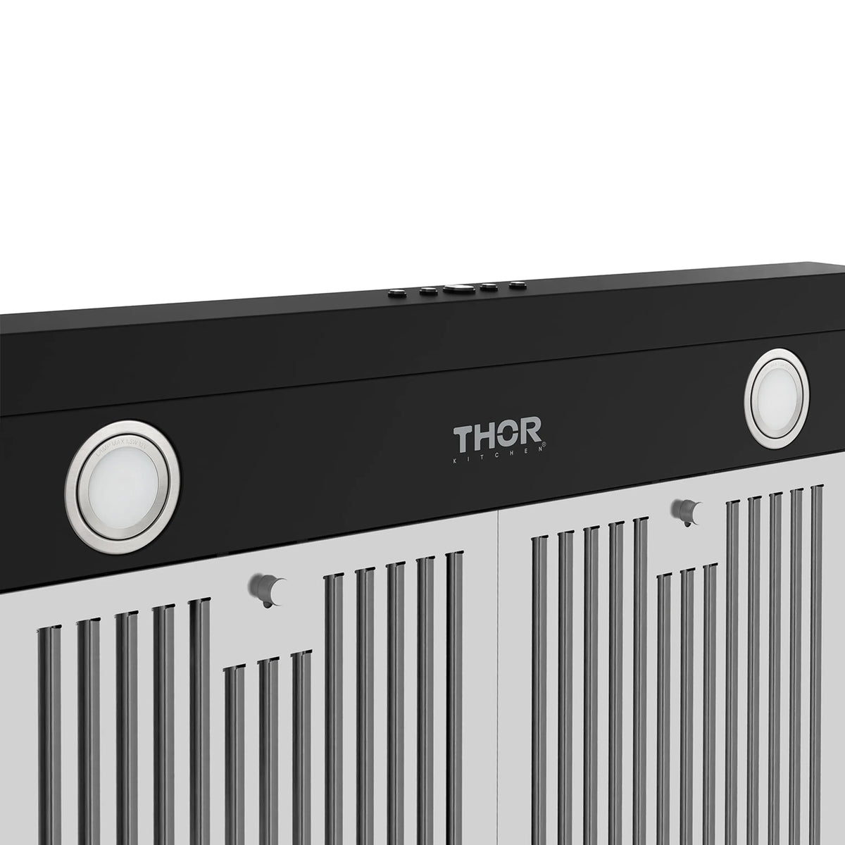 Black 30-inch wall mount chimney range hood, LED light close-up