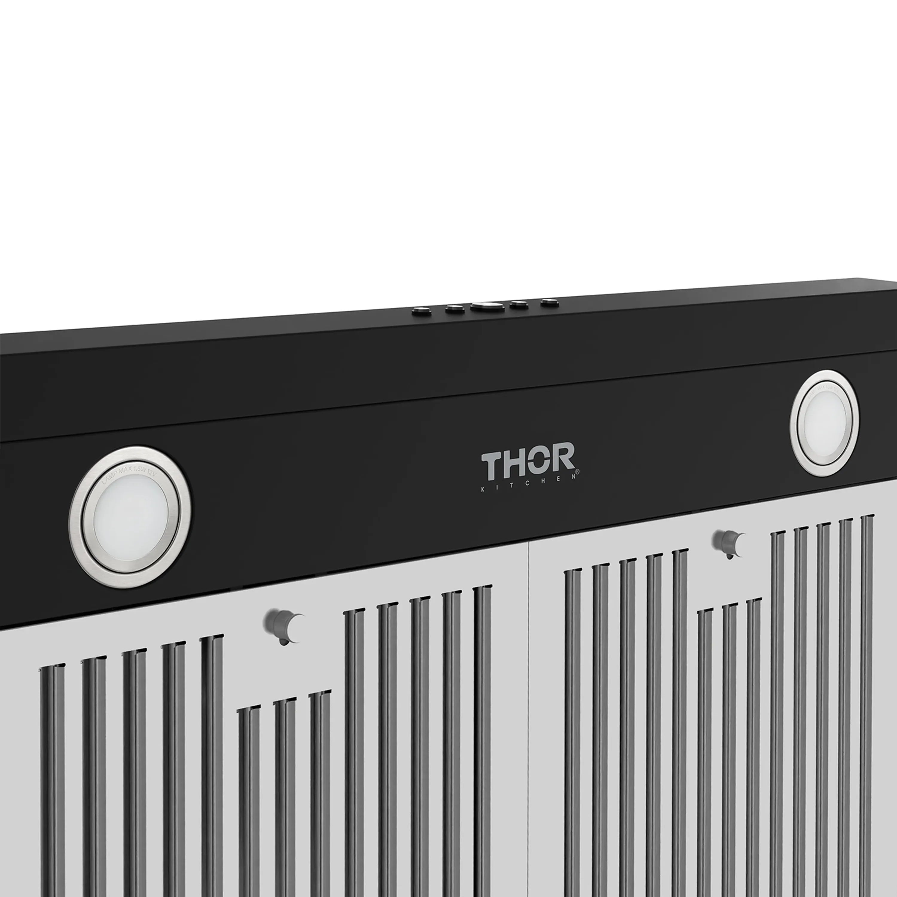 Black range hood control panel with THOR logo and round lights