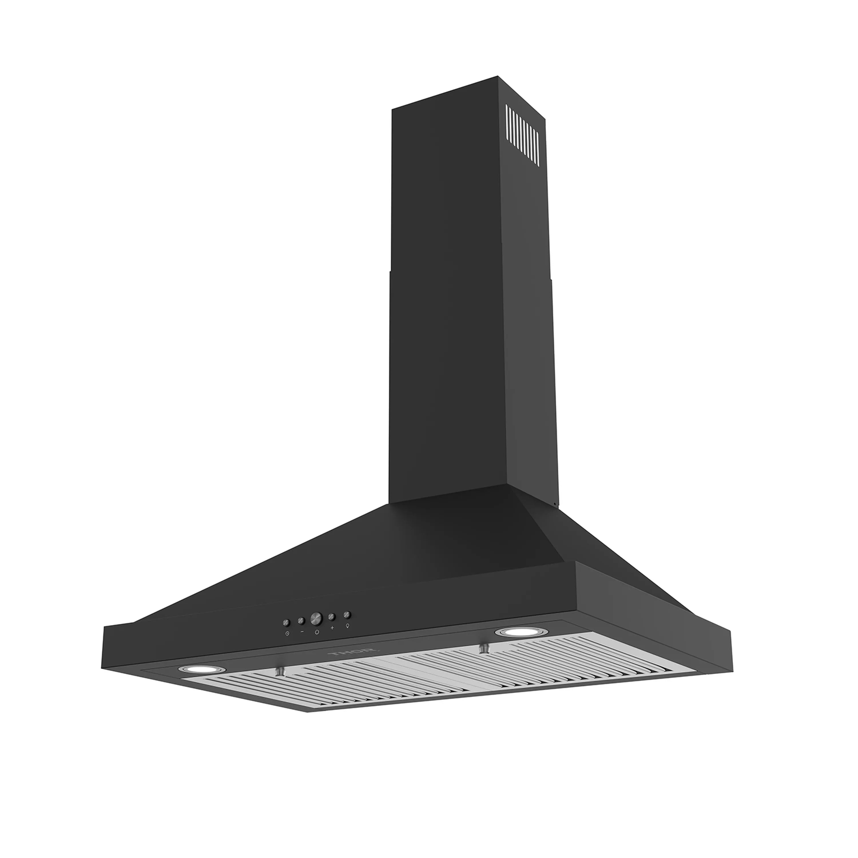 Black wall hood with chimney duct, front control buttons, and vented filter tray