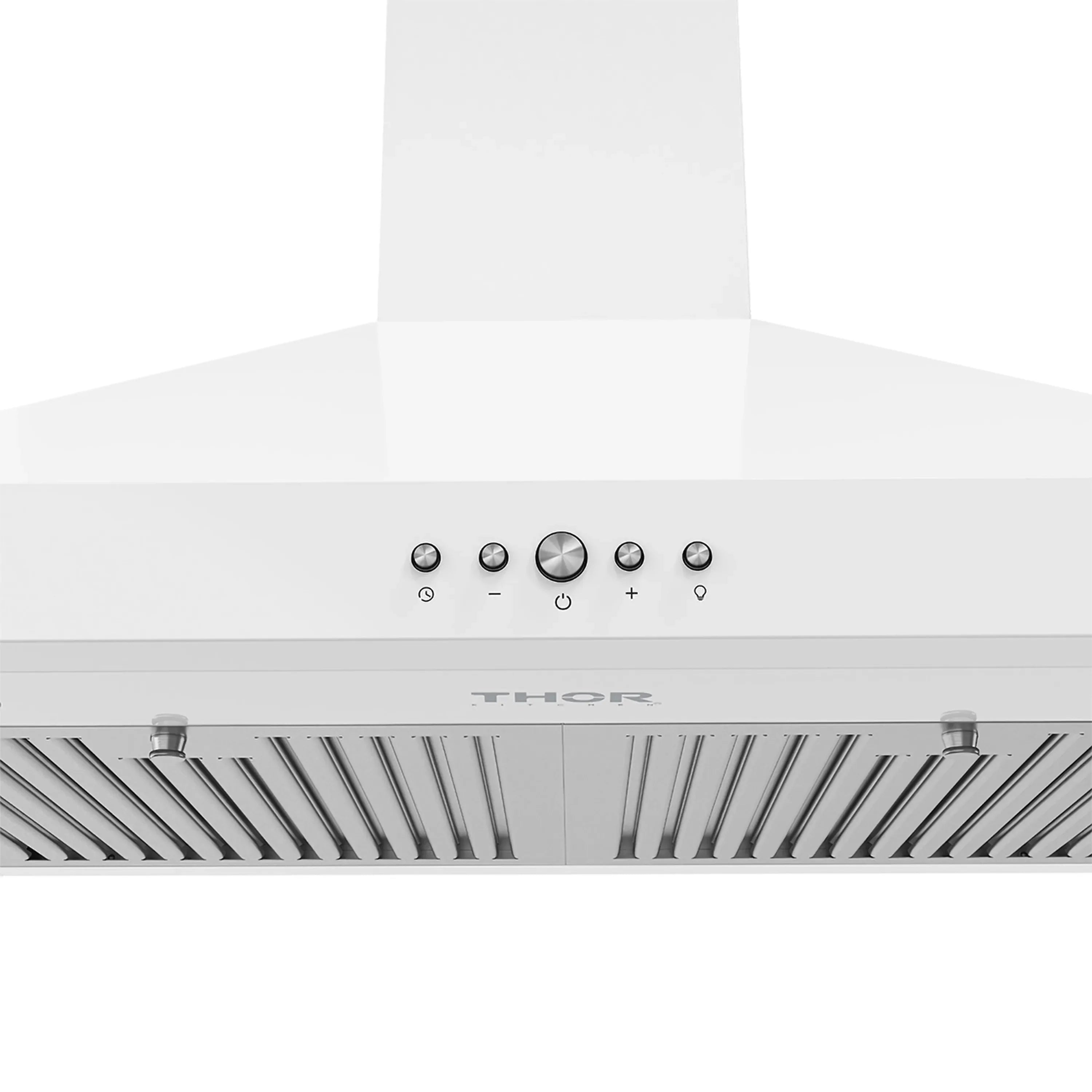 White range hood front with control buttons and THOR logo