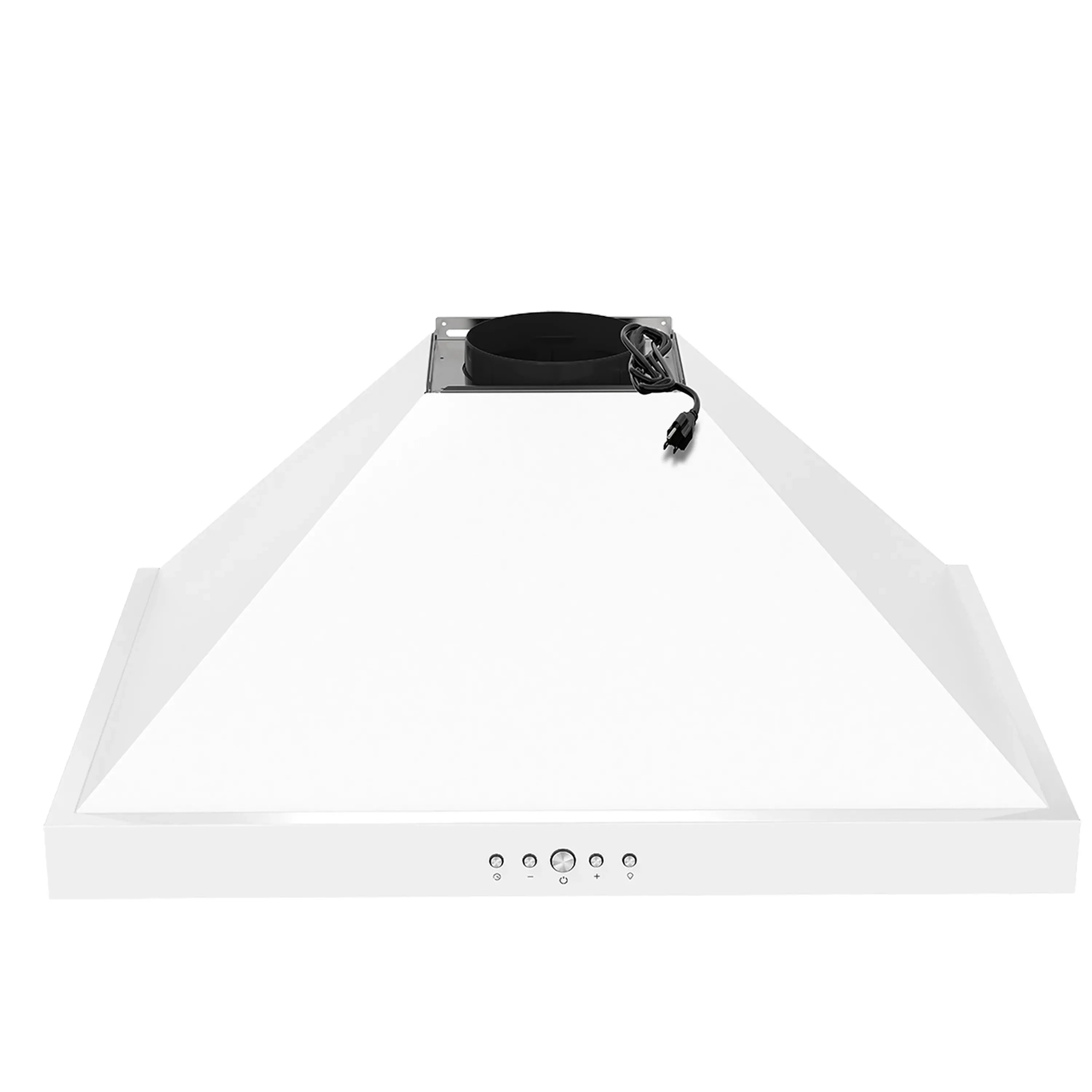 White range hood underside with built-in blower motor housing
