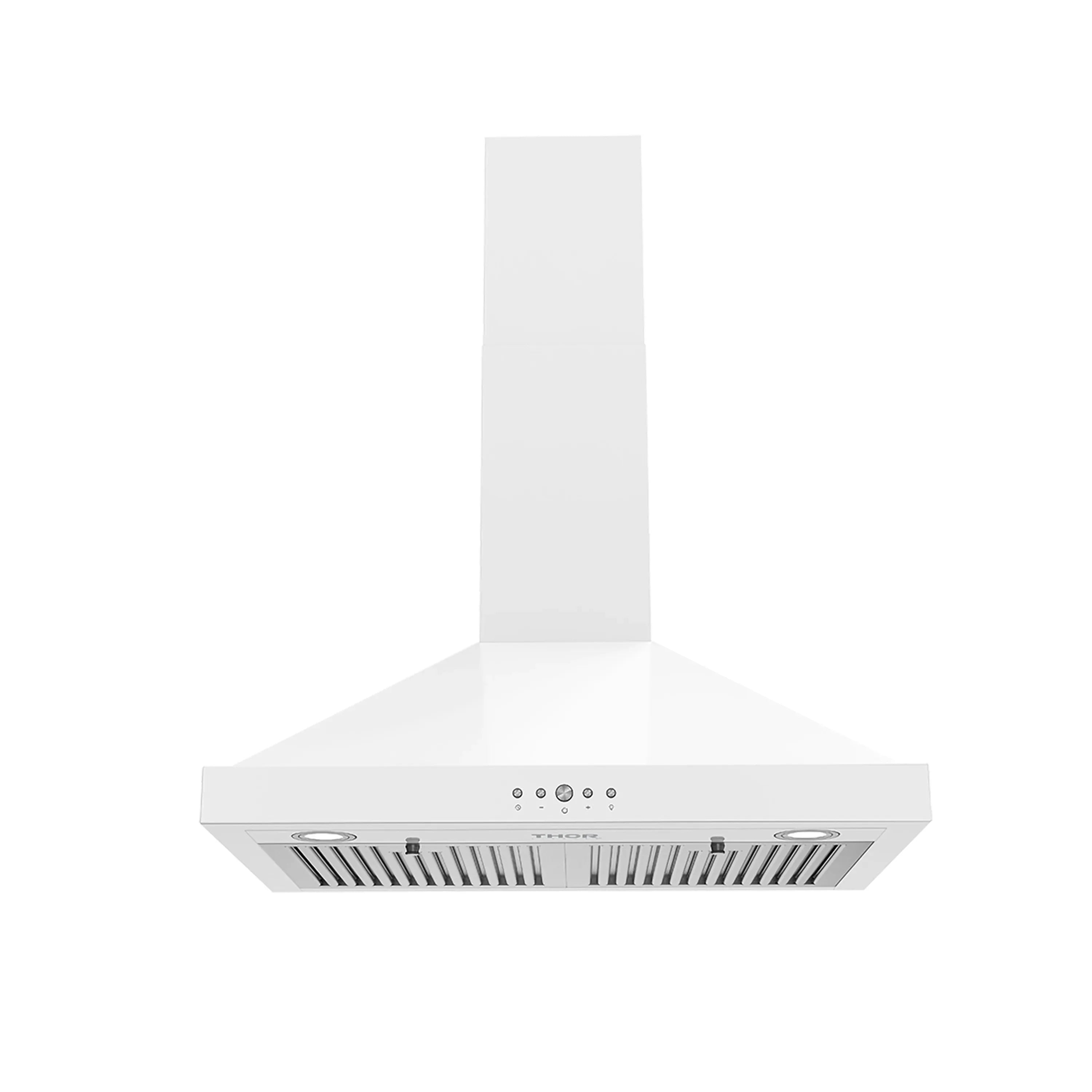 White wall mount range hood with chimney and vented underside