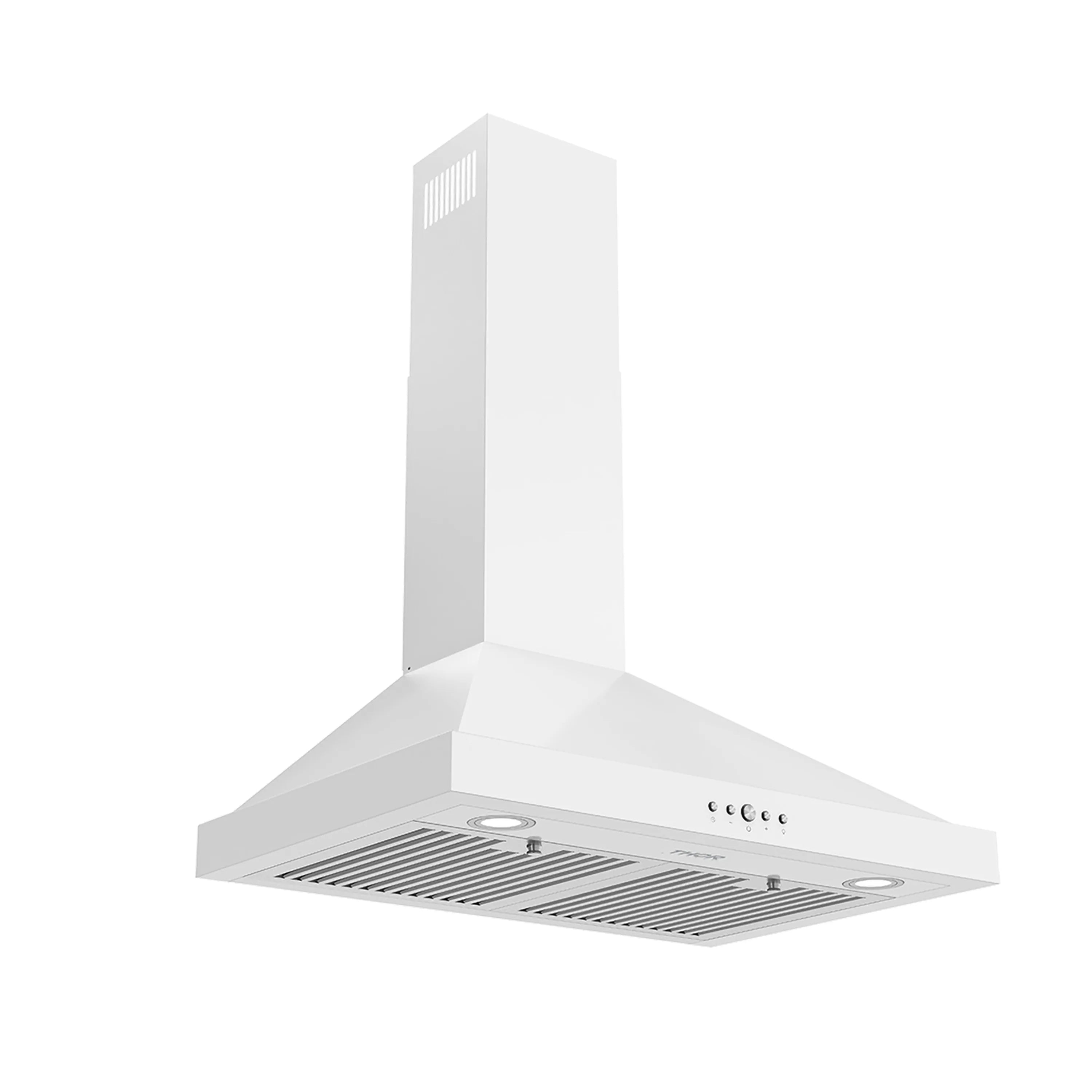 White wall mount range hood with vent grille and recessed control buttons