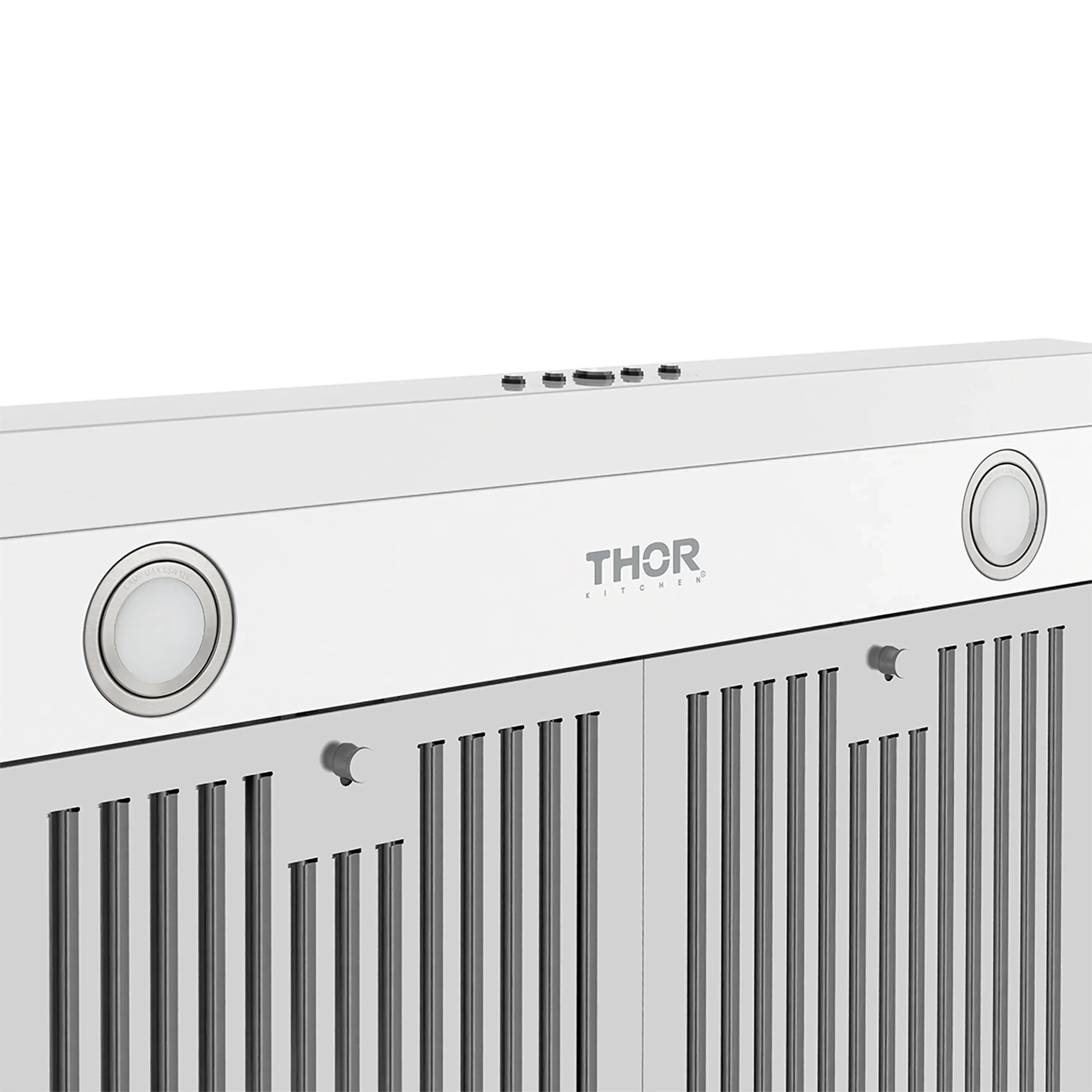 White range hood control strip with THOR logo and round knob