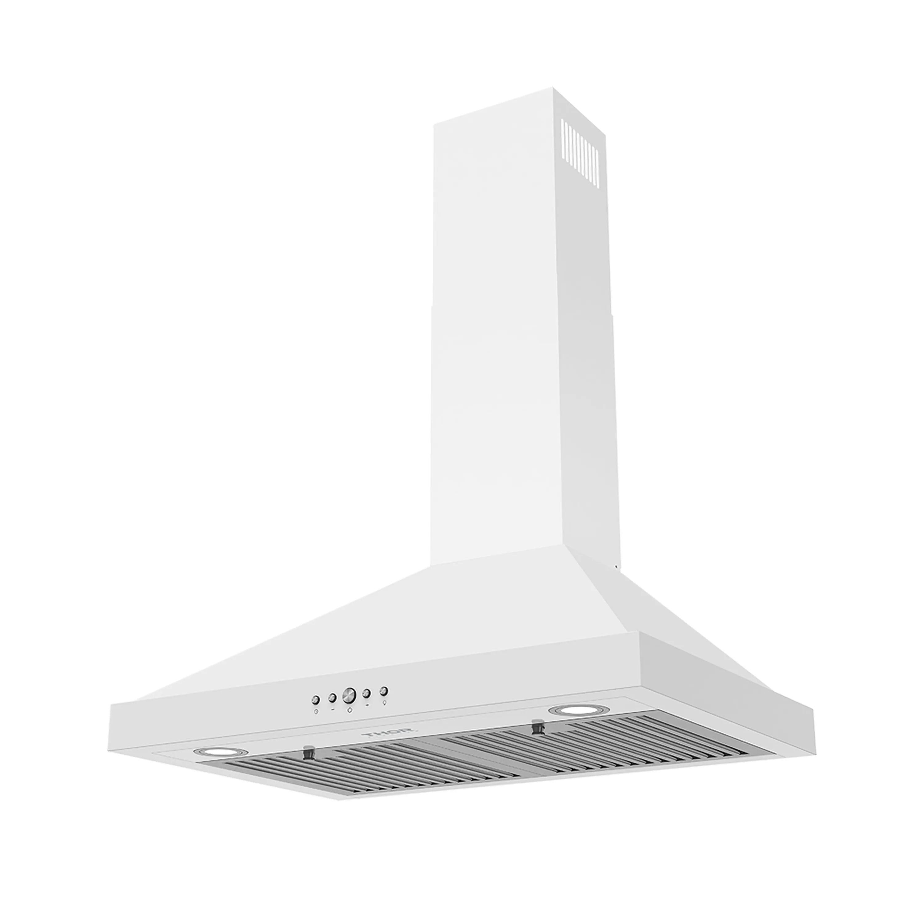 White range hood with chimney stack and front filter grille opening