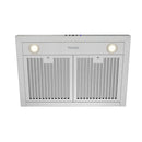 Stainless chimney range hood front with grille, two round lights, and THOR logo.