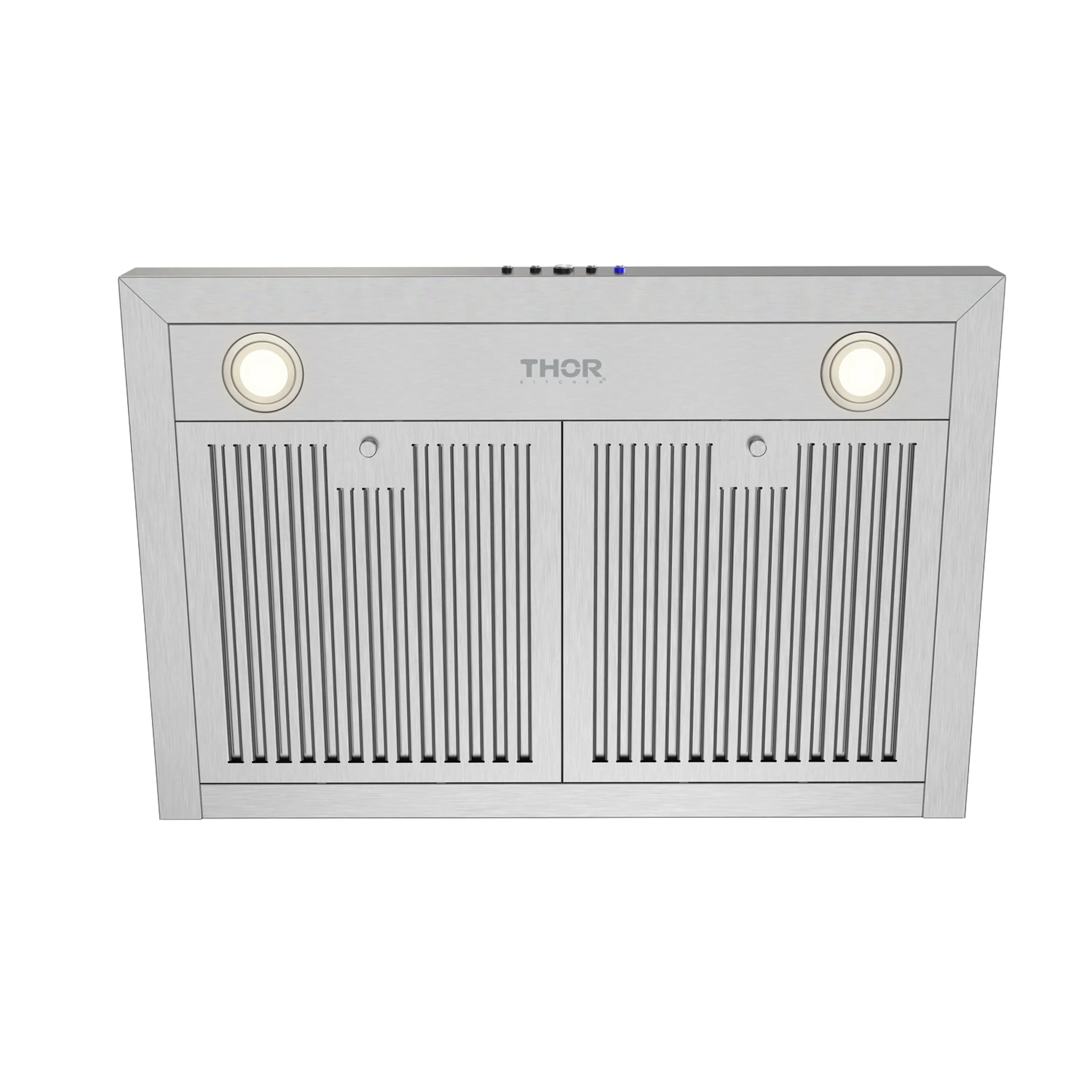 Stainless chimney range hood front with grille, two round lights, and THOR logo.