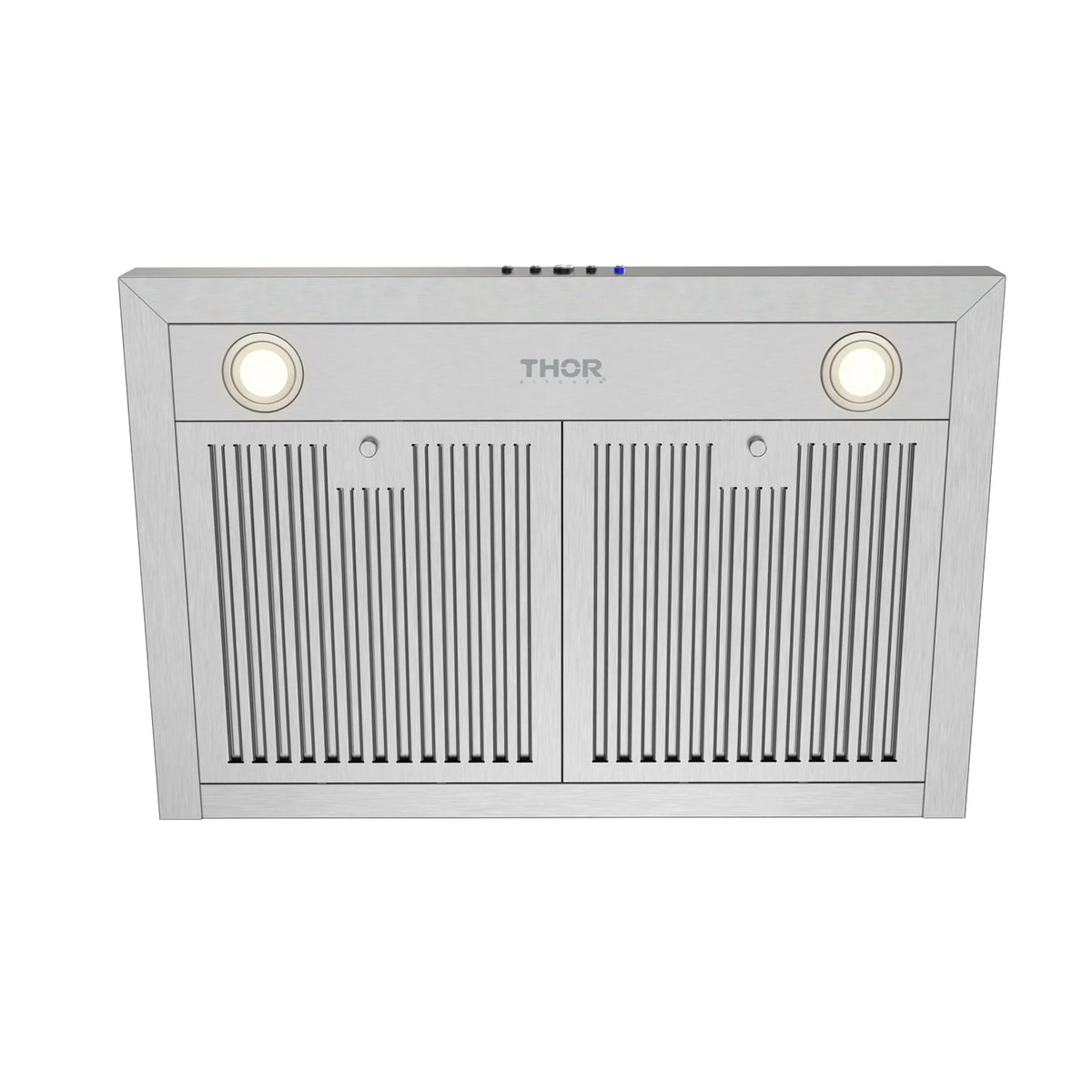 Stainless steel wall vent hood with THOR logo and twin circular bronze-trim controls