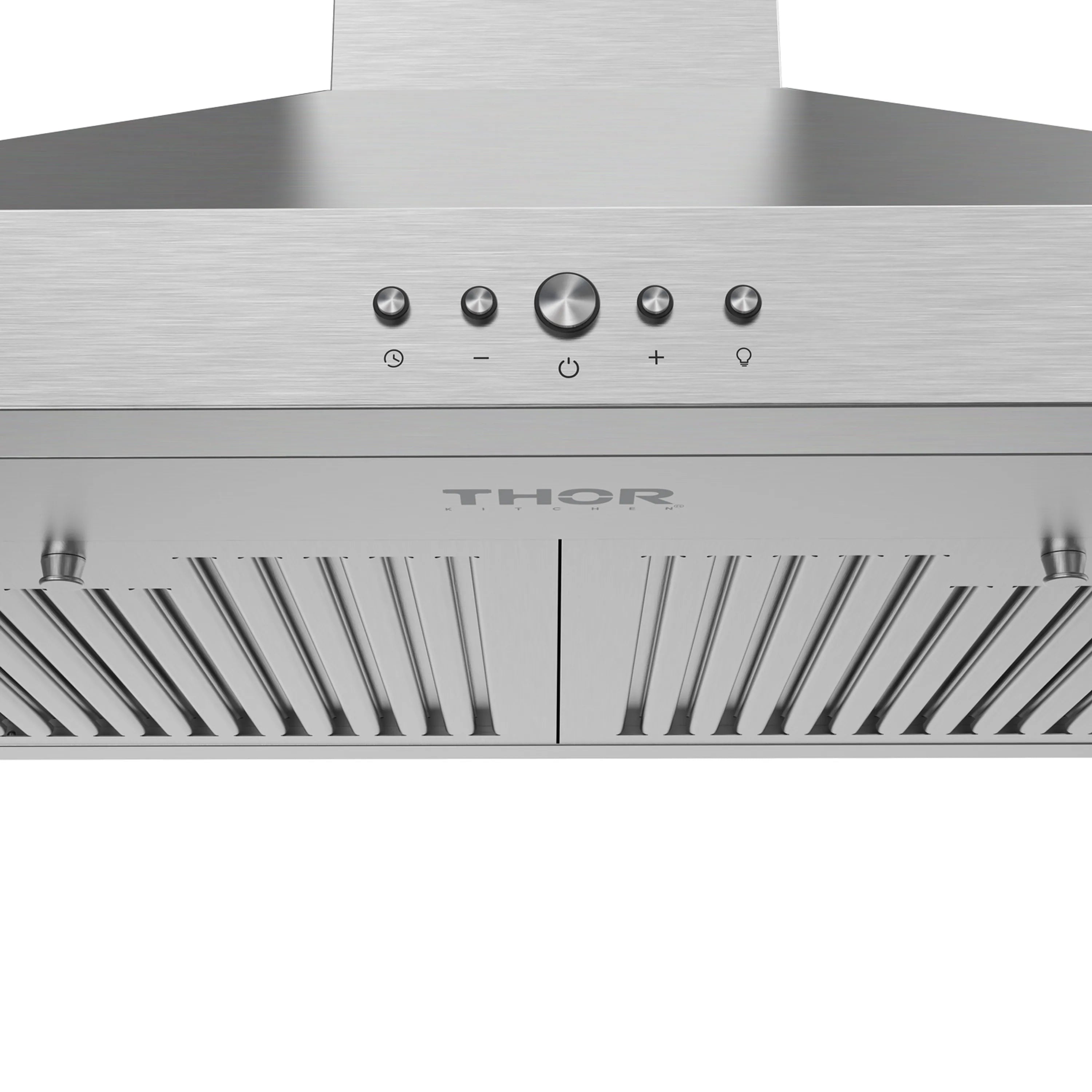Stainless wall-mounted chimney range hood control panel with buttons and knobs.