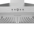 Stainless wall-mounted chimney range hood control panel with buttons and knobs.