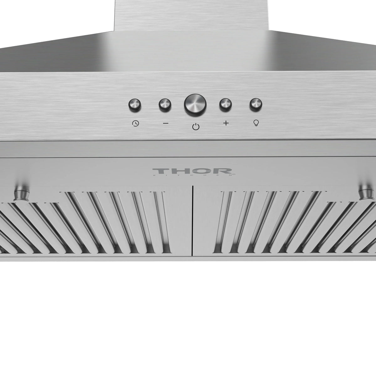 Stainless wall-mounted chimney range hood control panel with buttons and knobs.