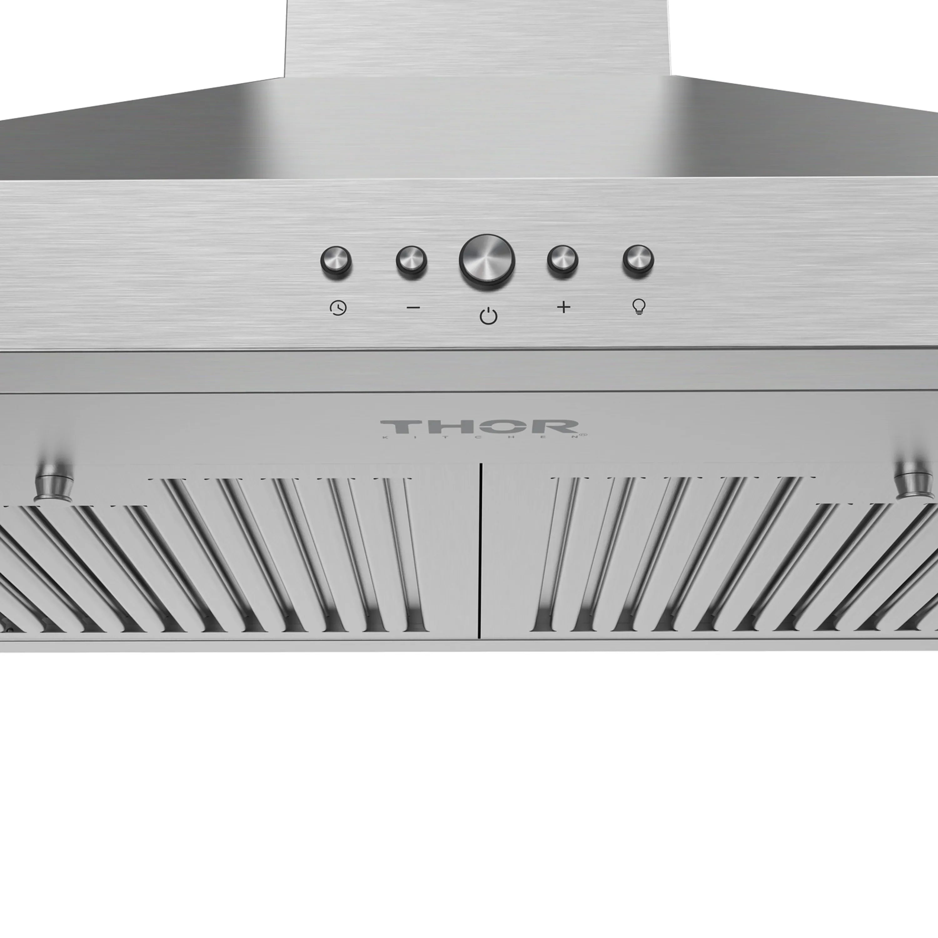 Stainless wall-mounted chimney range hood control panel with buttons and knobs.