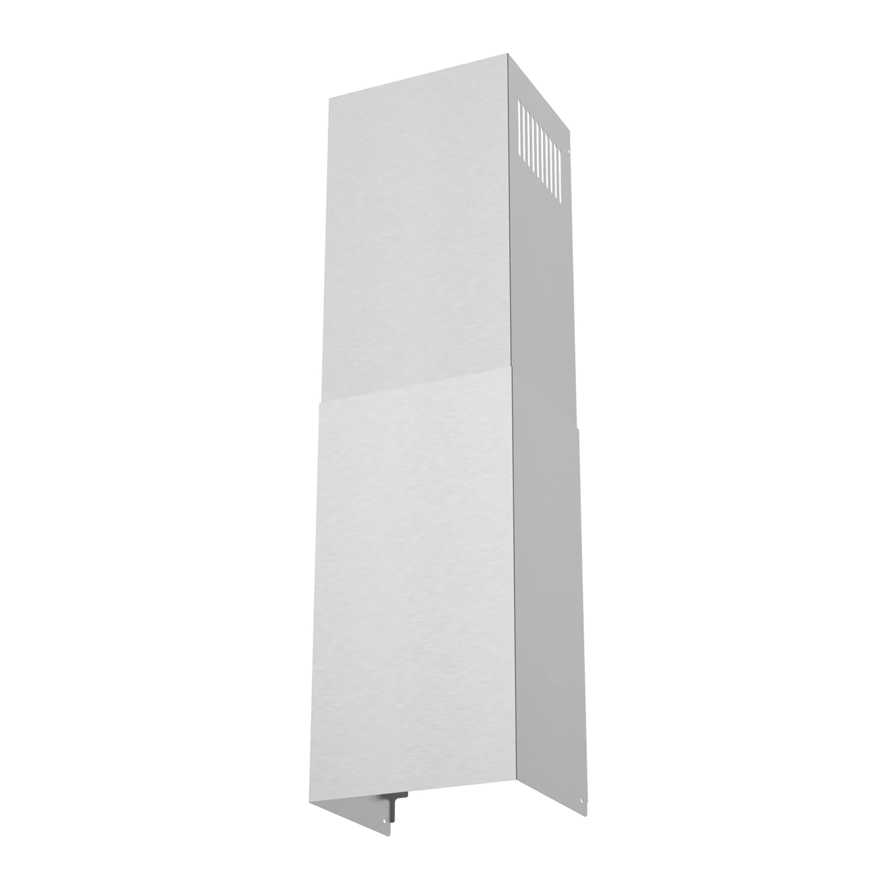 Stainless chimney range hood side view with vent grille and mounting brackets.