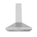 Stainless wall-mounted chimney range hood with front filter grille and control buttons.