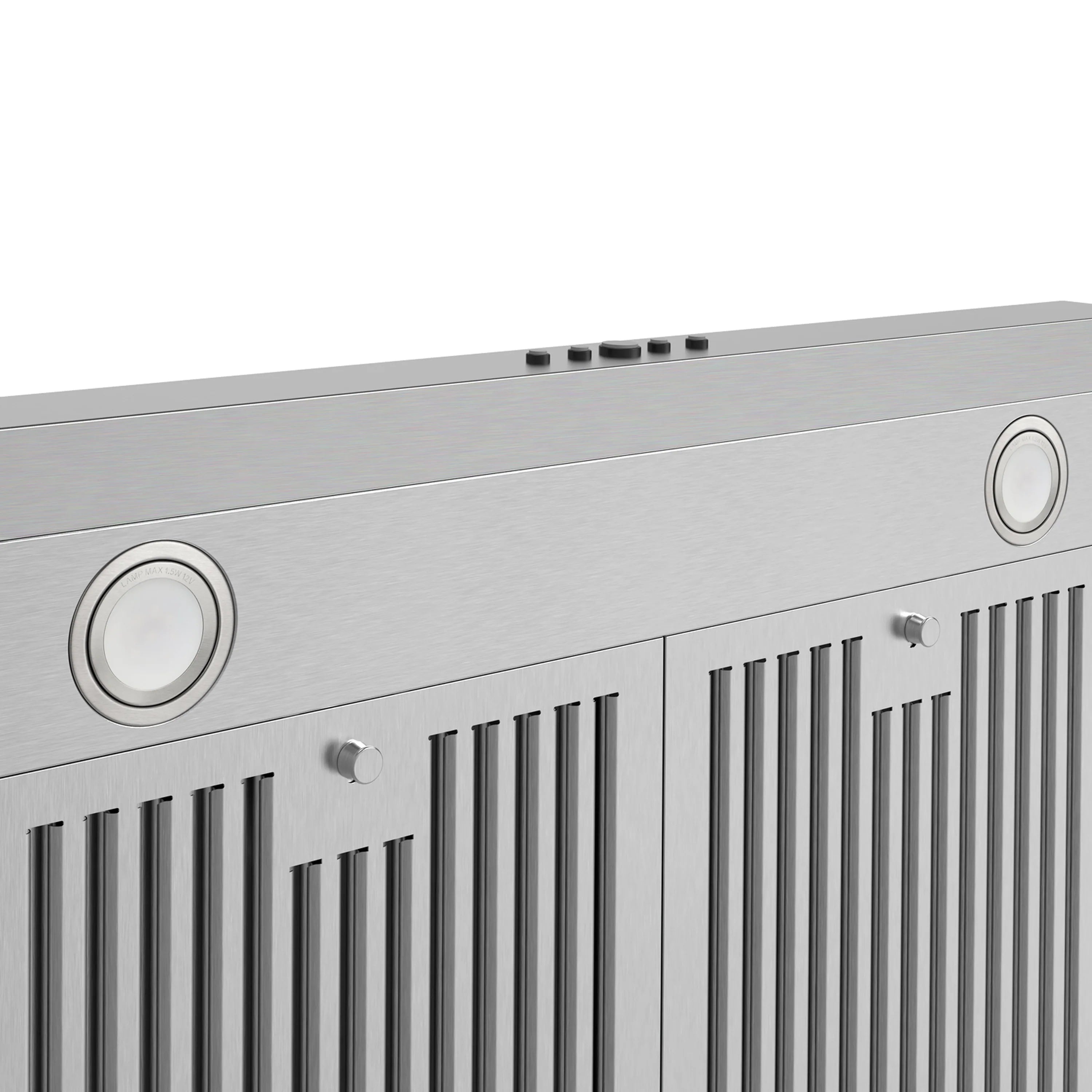 Stainless chimney range hood front panel with round controls and vertical vent slots.