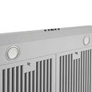 Stainless chimney range hood front panel with round controls and vertical vent slots.