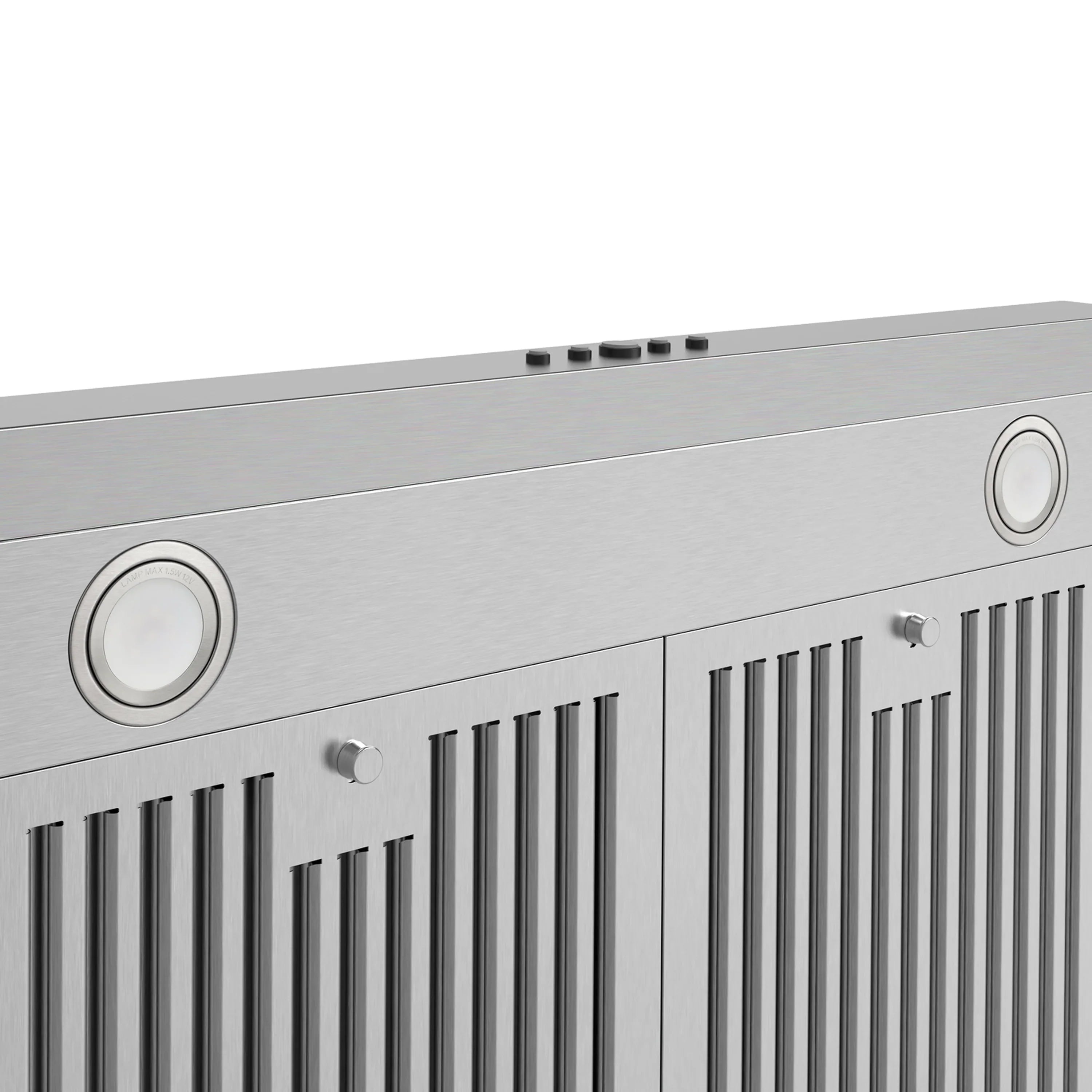Stainless chimney range hood front panel with round controls and vertical vent slots.