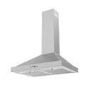 Stainless wall-mounted chimney range hood angled view with filter grate and controls.