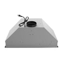 Stainless chimney range hood interior with blower housing and power cord.