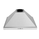 Stainless chimney range hood top view showing interior duct opening.