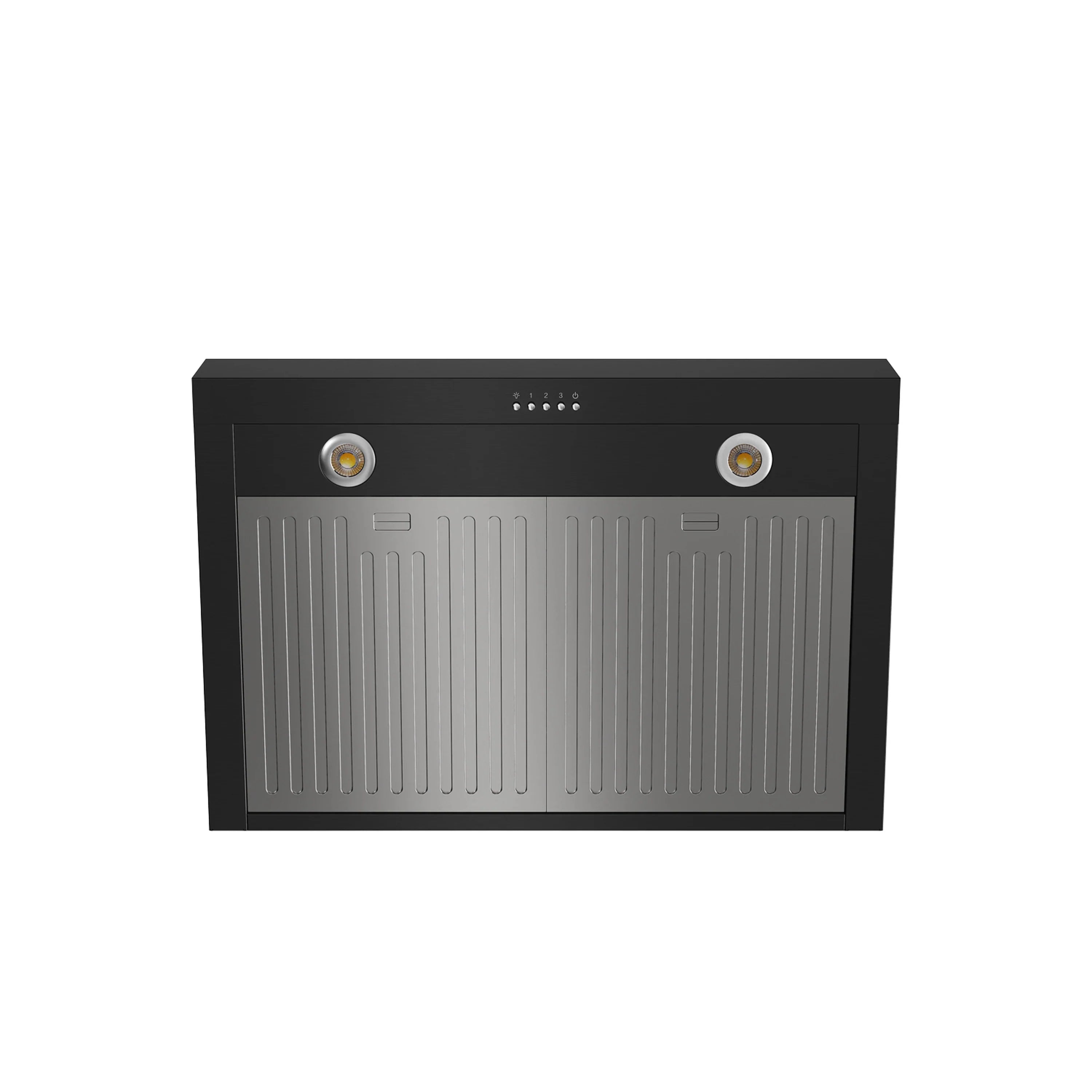 Black wall-mount range hood with two round lights and vented metal grille.