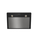 Black wall-mount range hood bottom panel with two light ports and vented grille