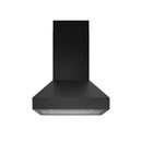 Black wall-mount range hood with curved chimney body and vented filter panel