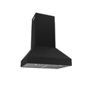 Black wall-mount range hood with chimney stack and front vented grease filter