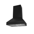 Black wall-mount range hood with angled canopy and front vented grease filter