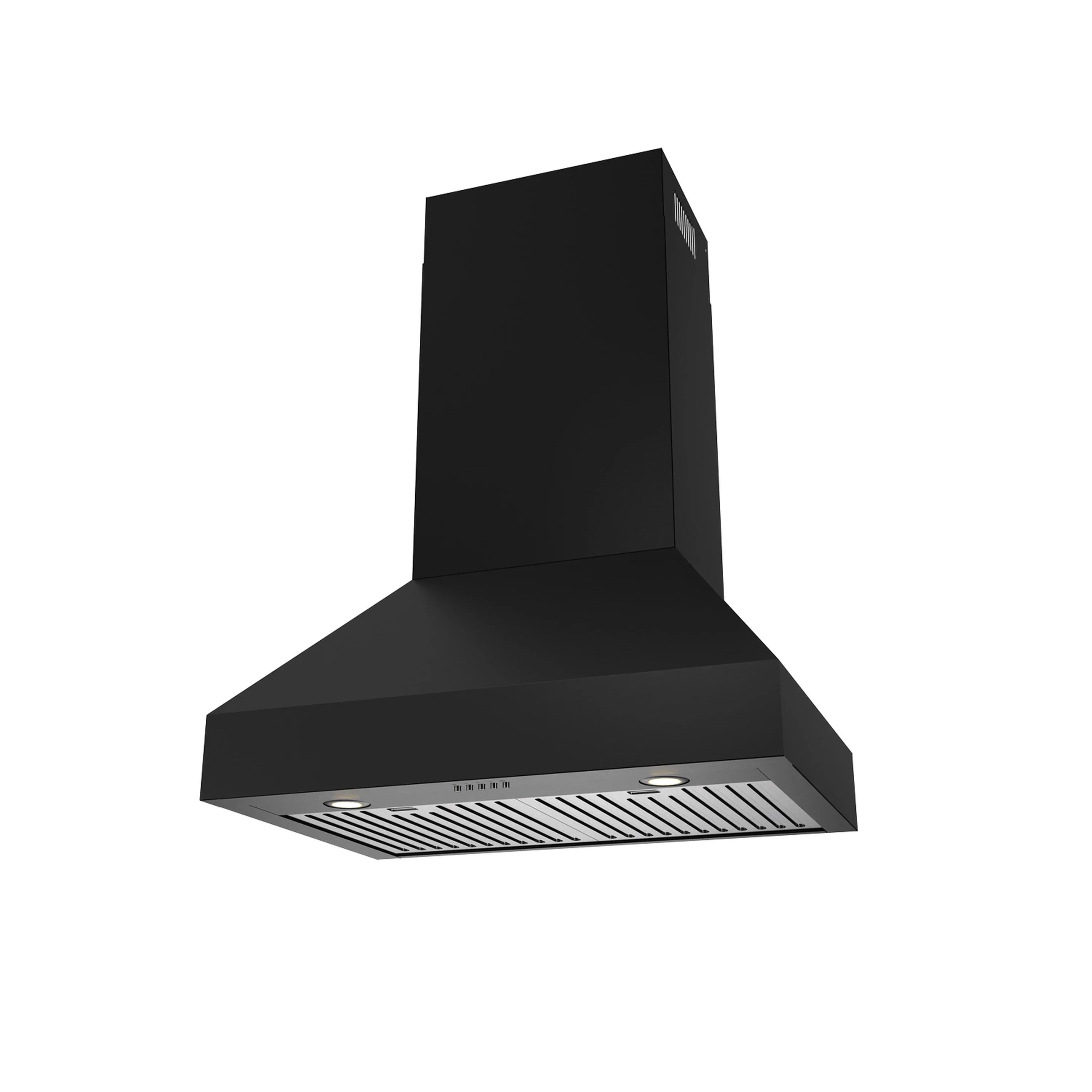 Black chimney range hood with sloped canopy and vented filter panel