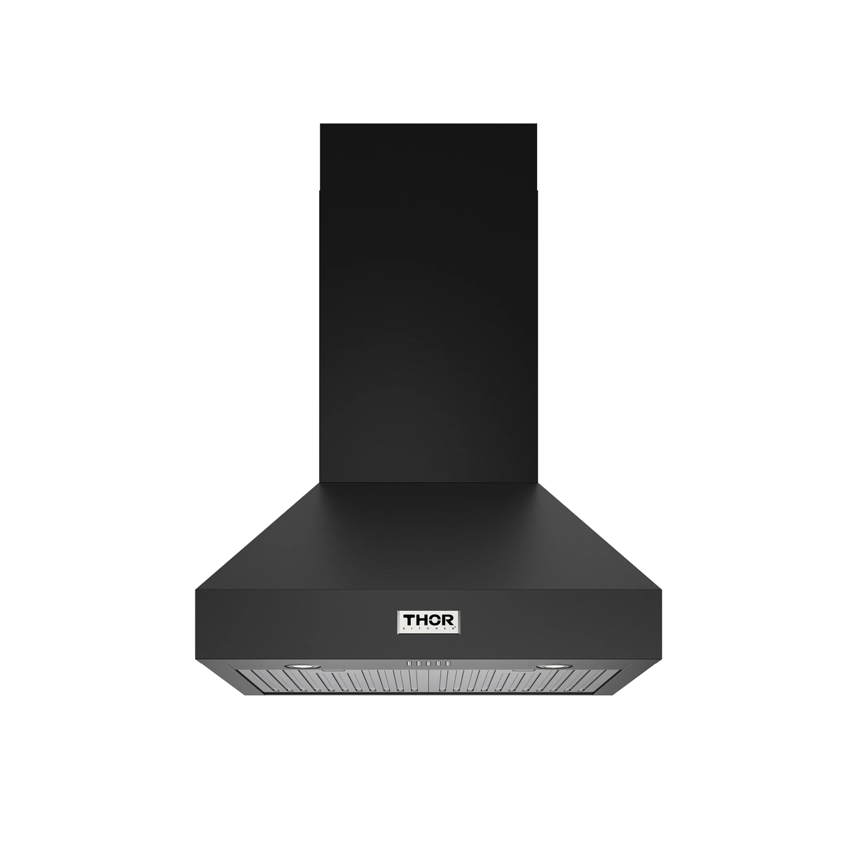 Black wall-mounted range hood with Thor logo on center of filter panel
