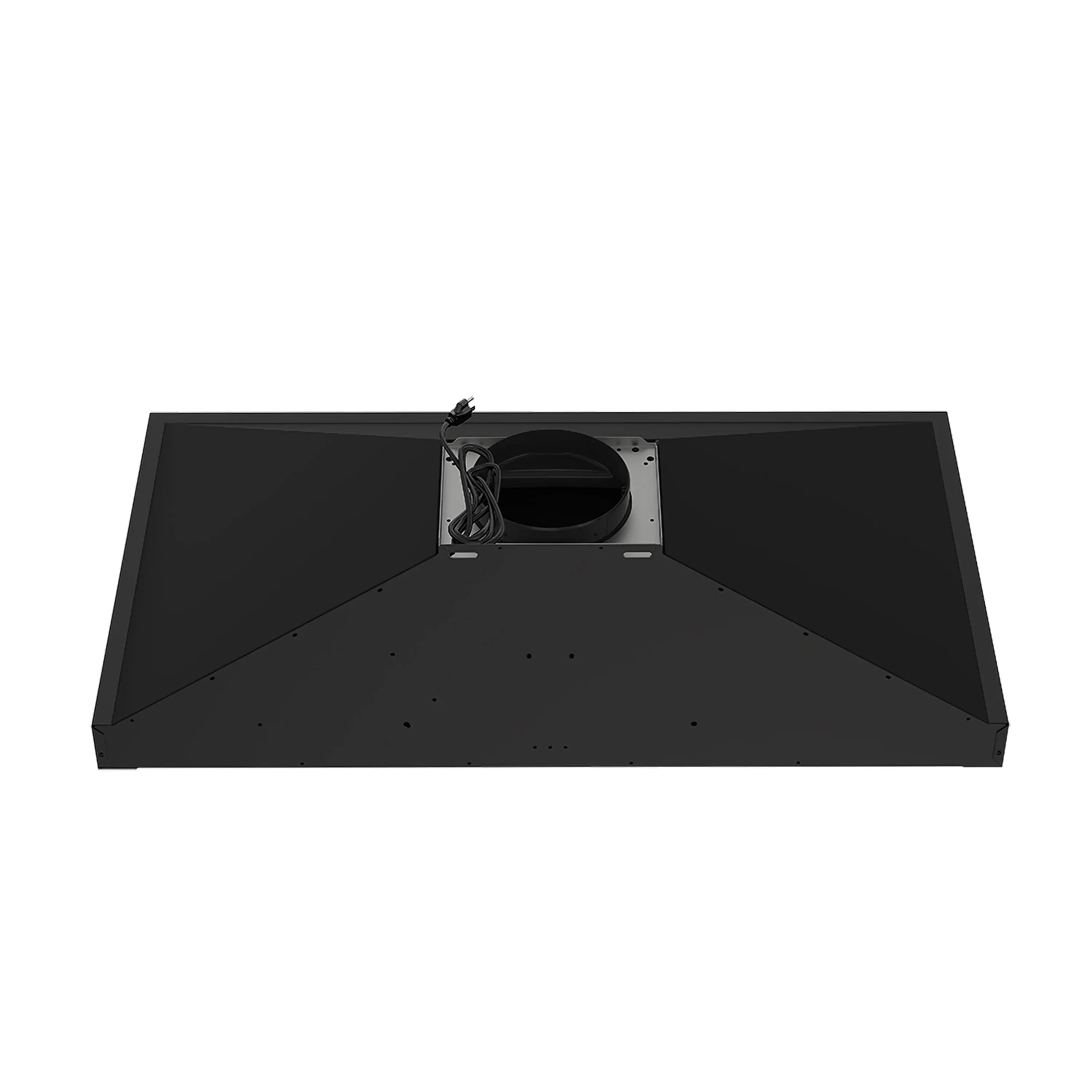 Black wall-mount range hood underside with round vent opening and filter area