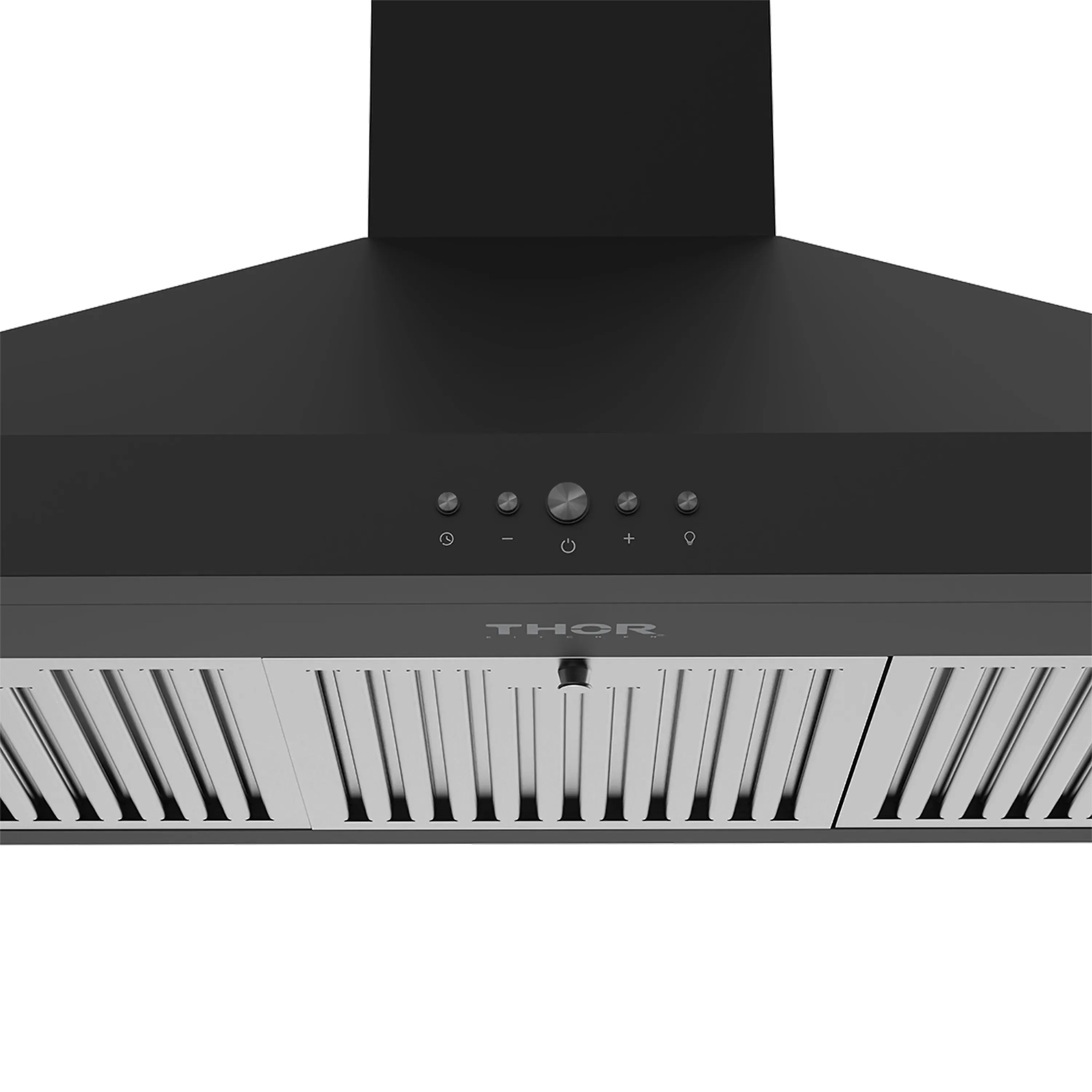 Black Thor range hood control panel with knobs and vented grille below