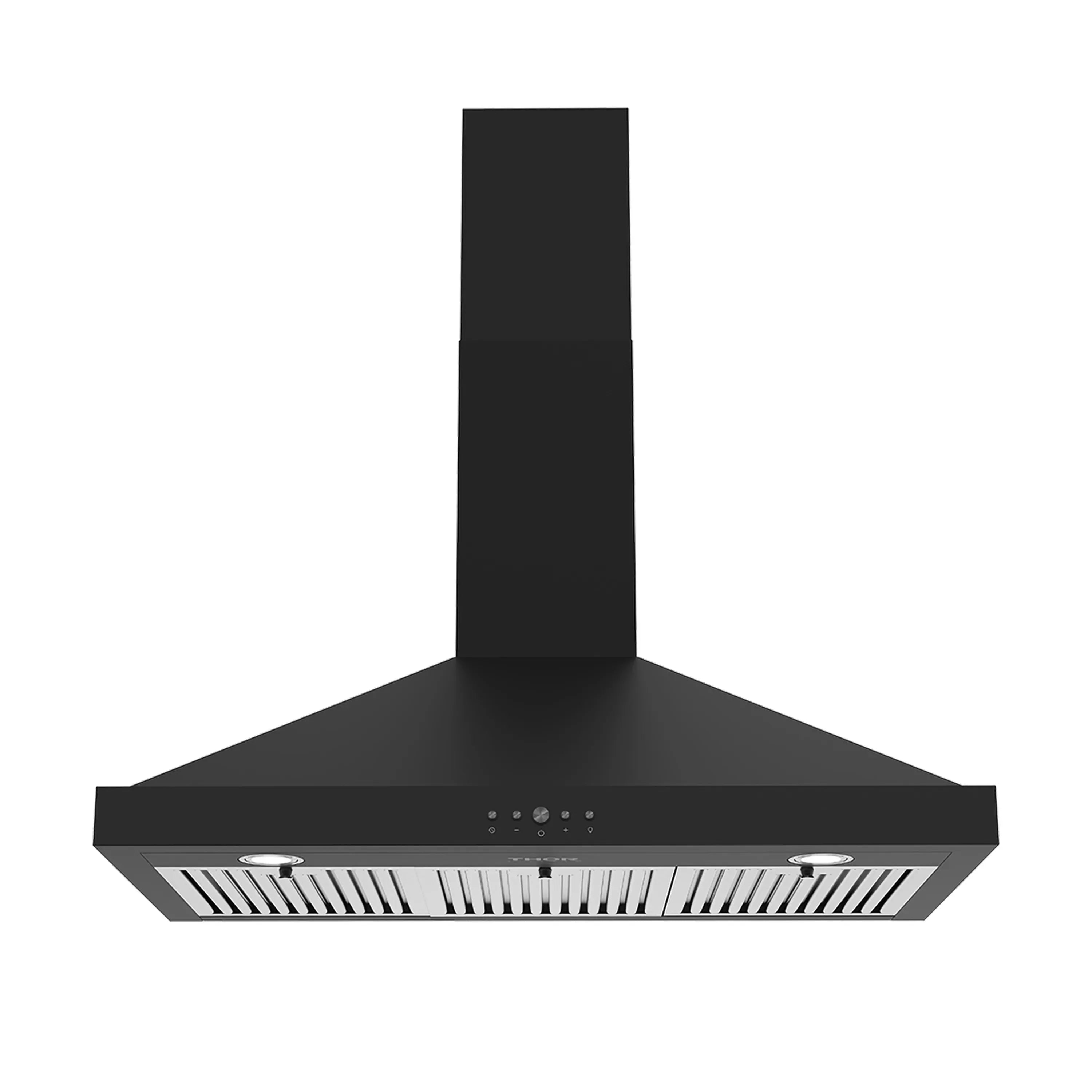 Black wall-mount range hood with vent grille and control buttons along the top