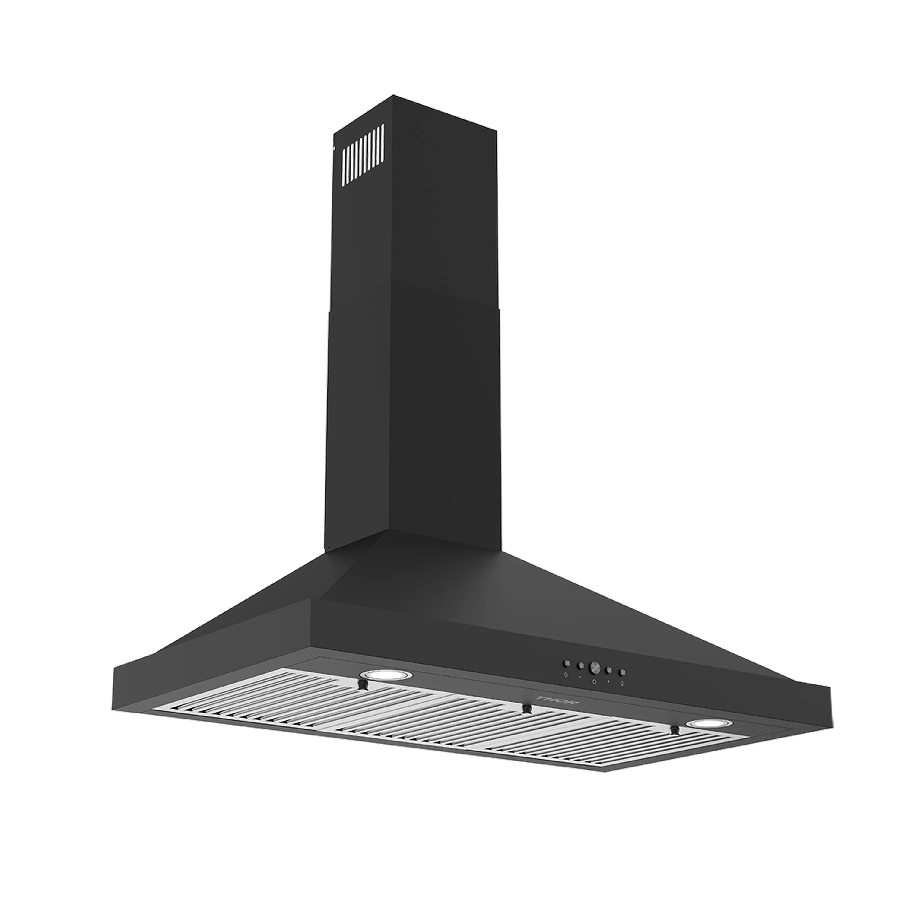 Black wall-mount range hood with vented filter, side control panel, and chimney
