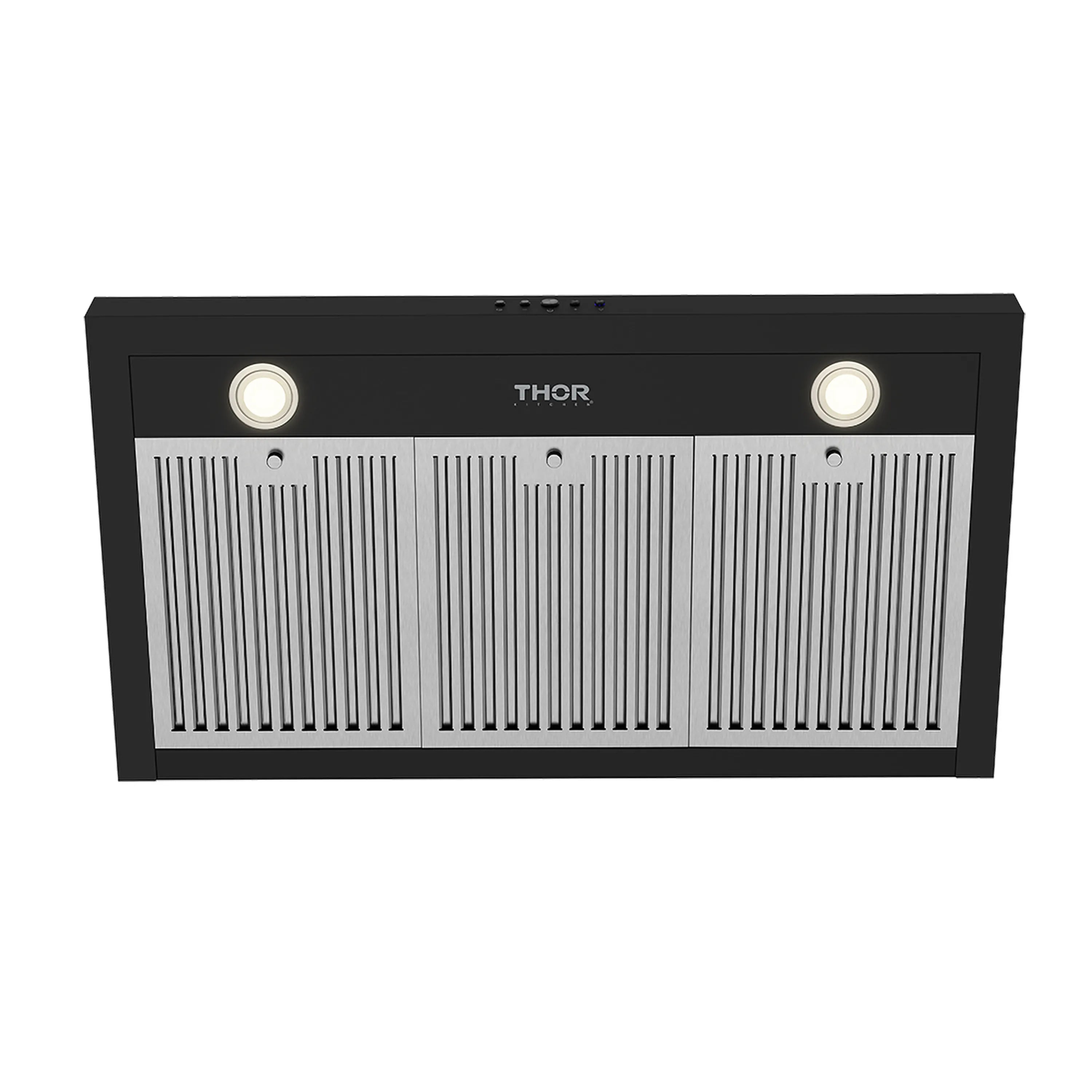 Black THOR range hood front grille with two round lights and vent slats