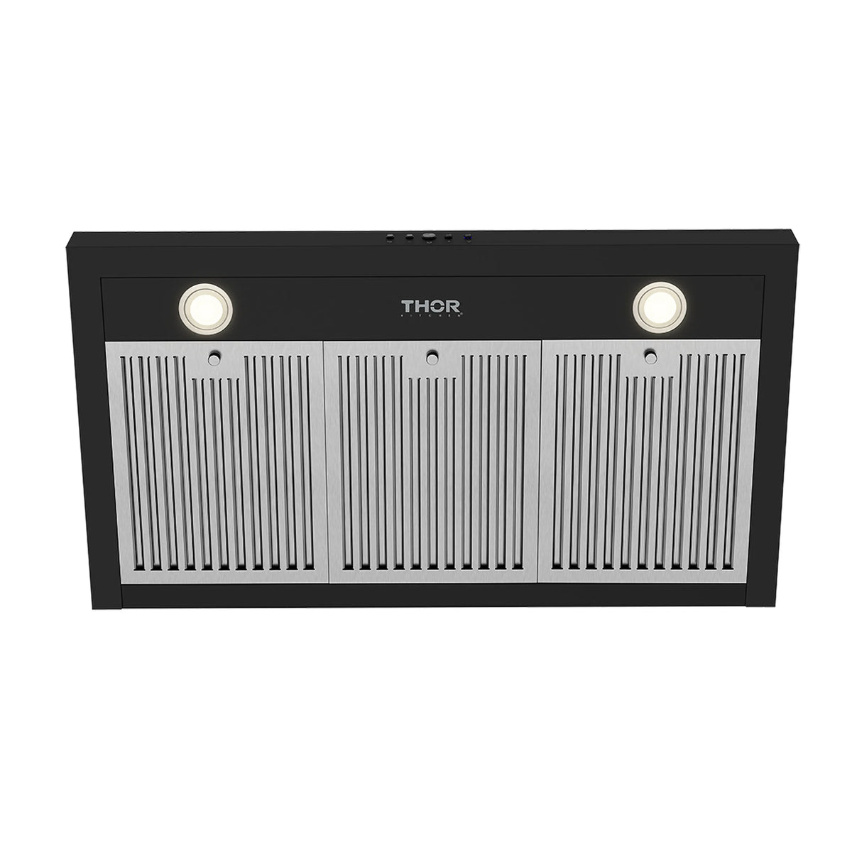 Black 36-inch wall mount chimney range hood, with LED lights on