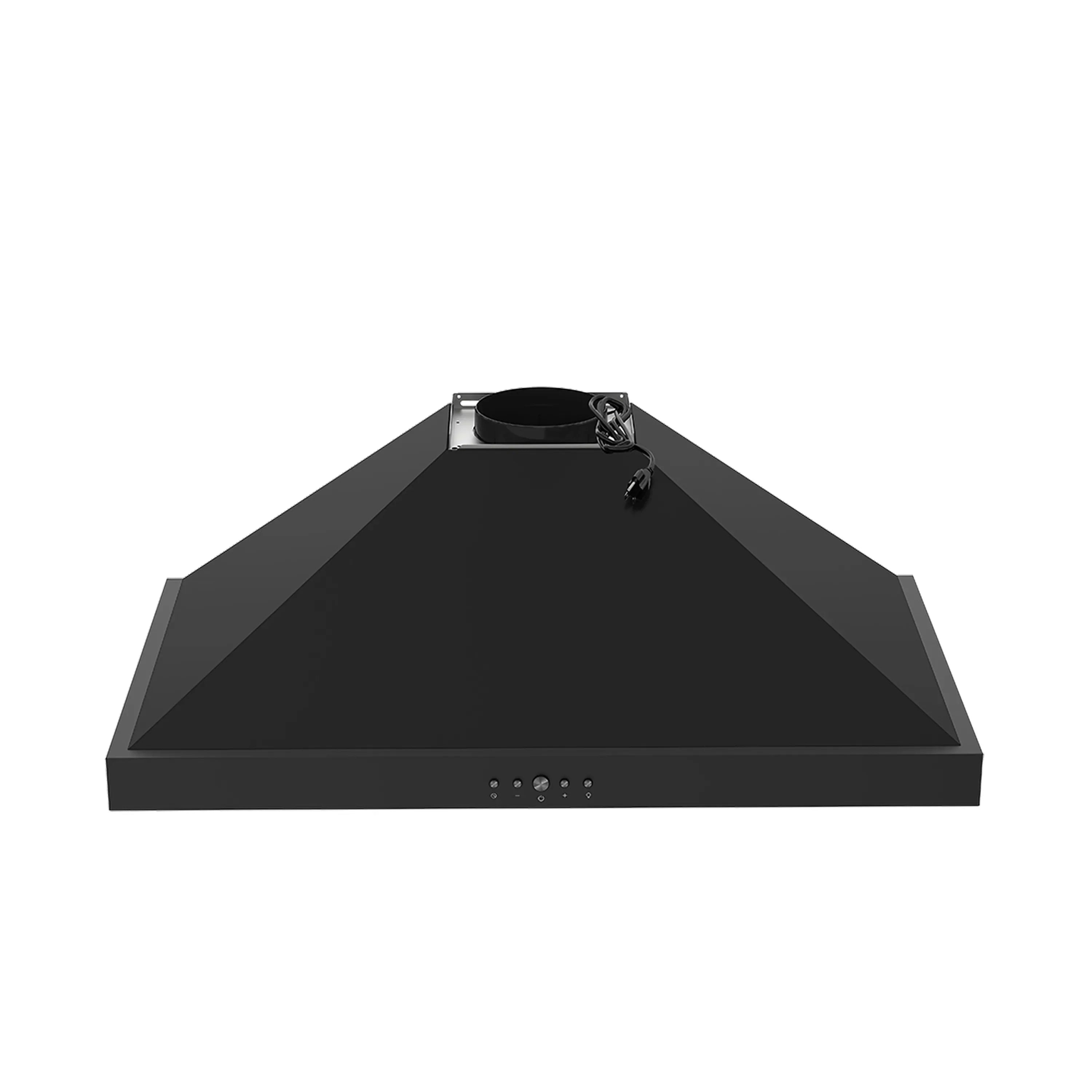 Black range hood top view with fan opening and control buttons