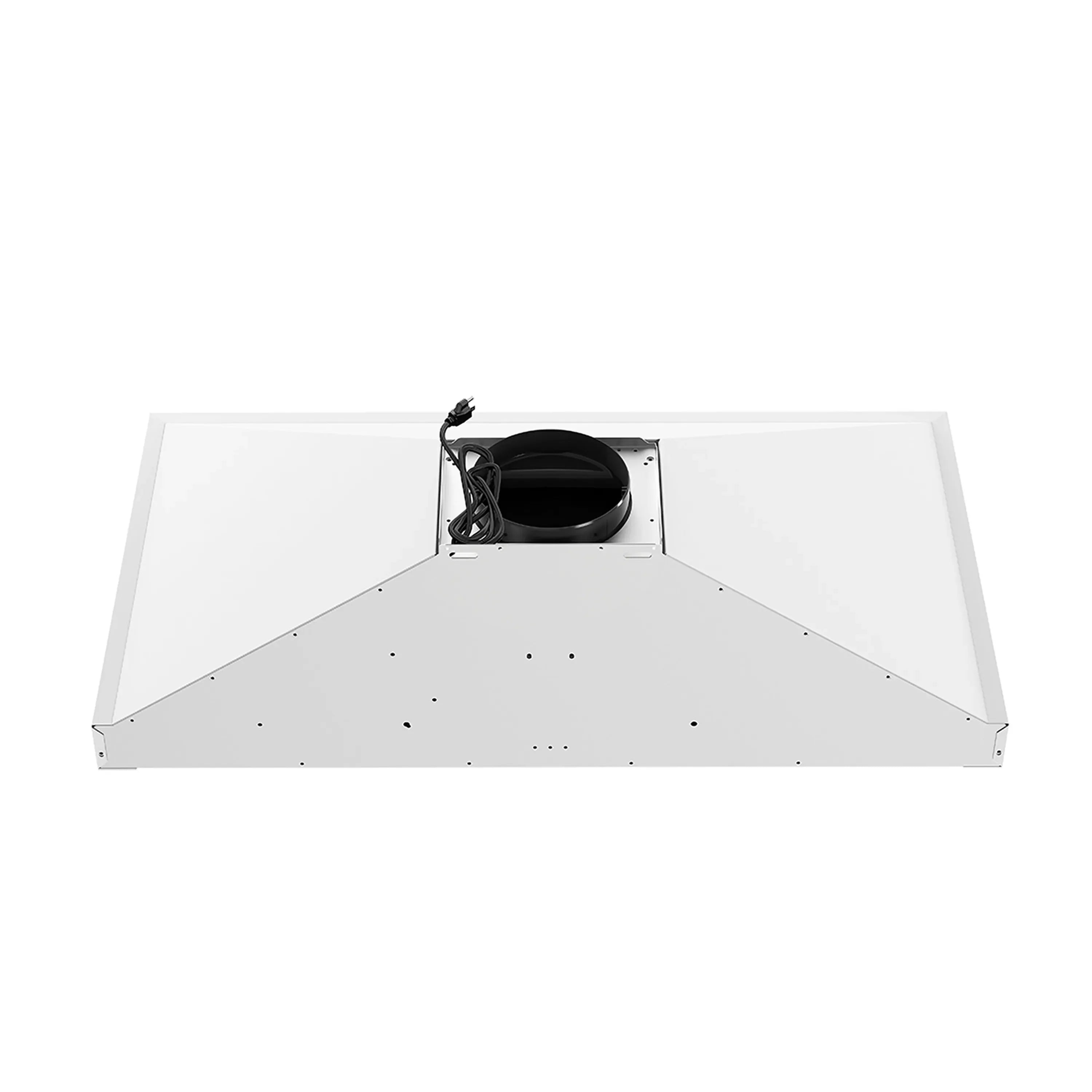 White wall-mount range hood underside with circular fan opening and wiring