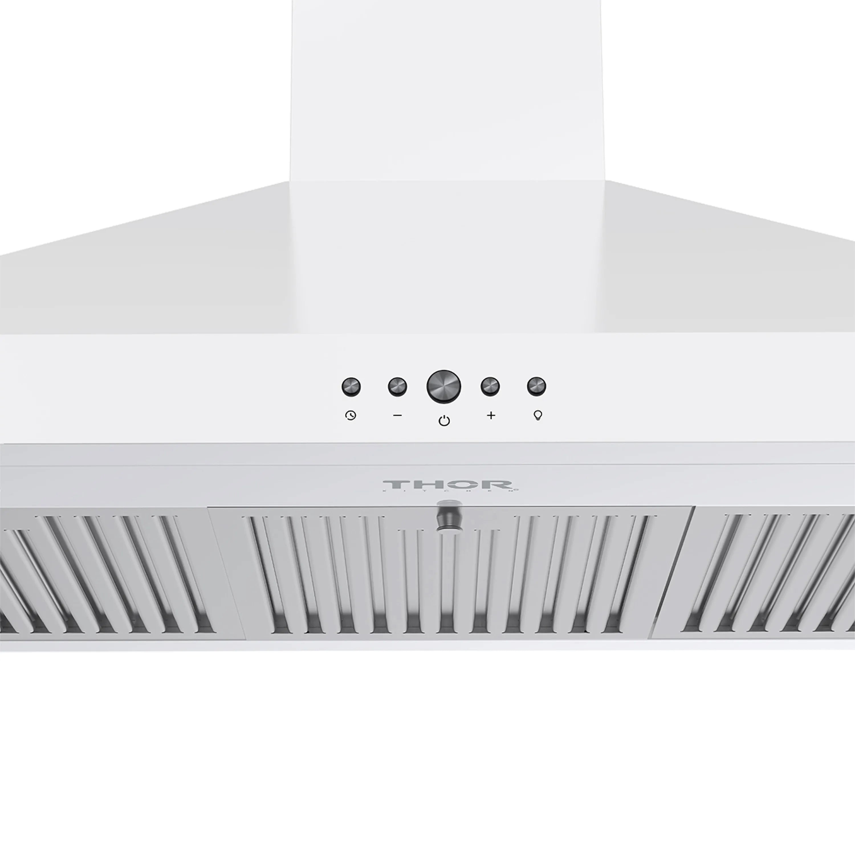 White range hood control panel with circular buttons and slider markings above the vent.