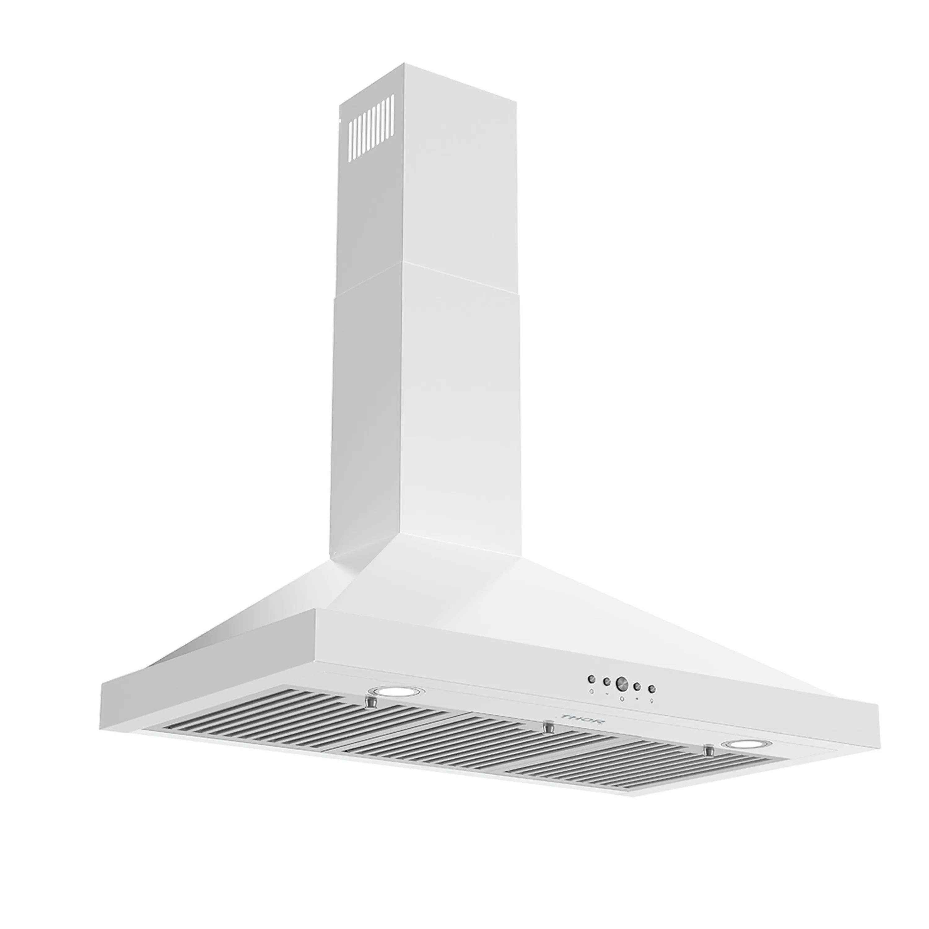 White wall mount range hood with chimney and slatted vent filter grille