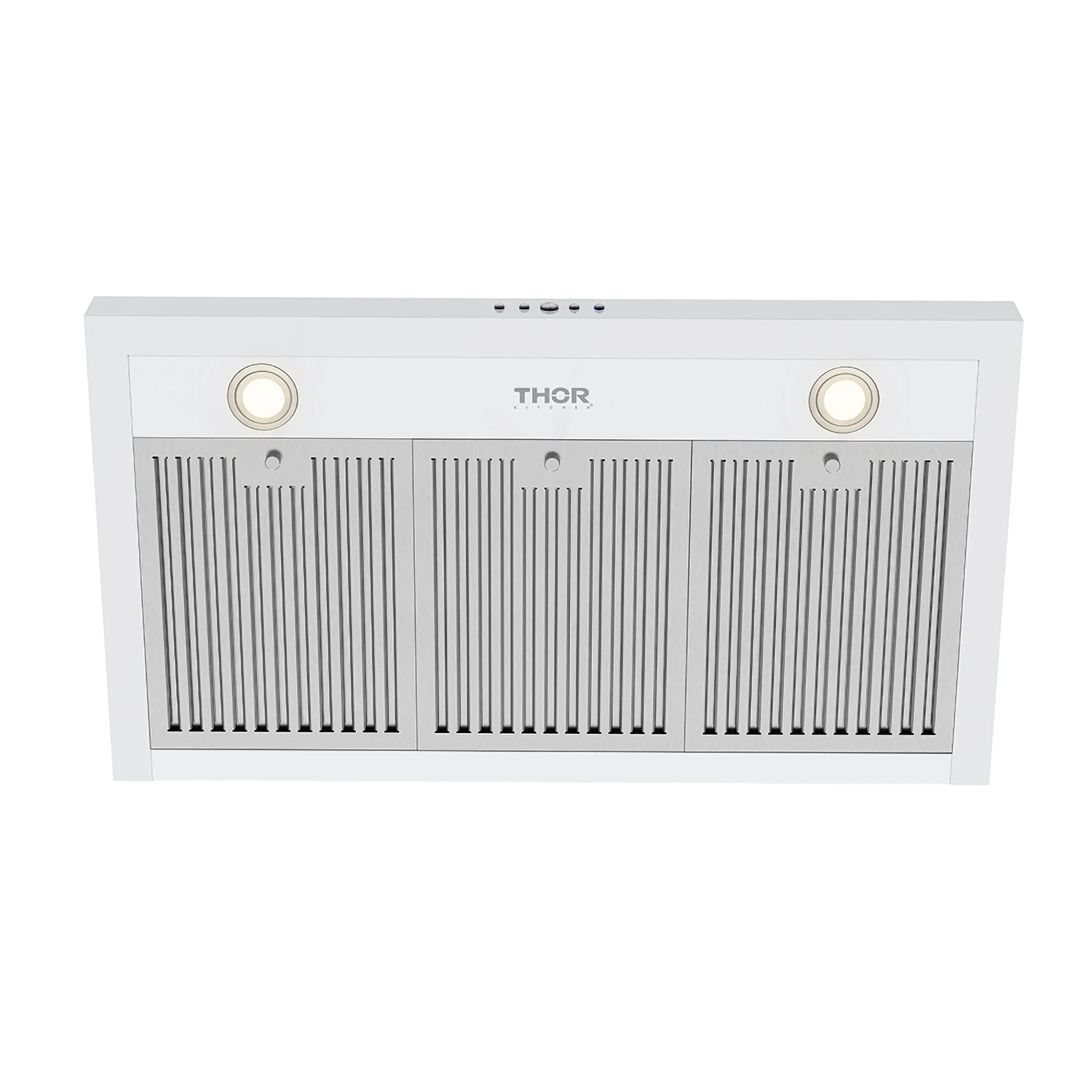 White wall mount range hood front panel with THOR logo and vent grille