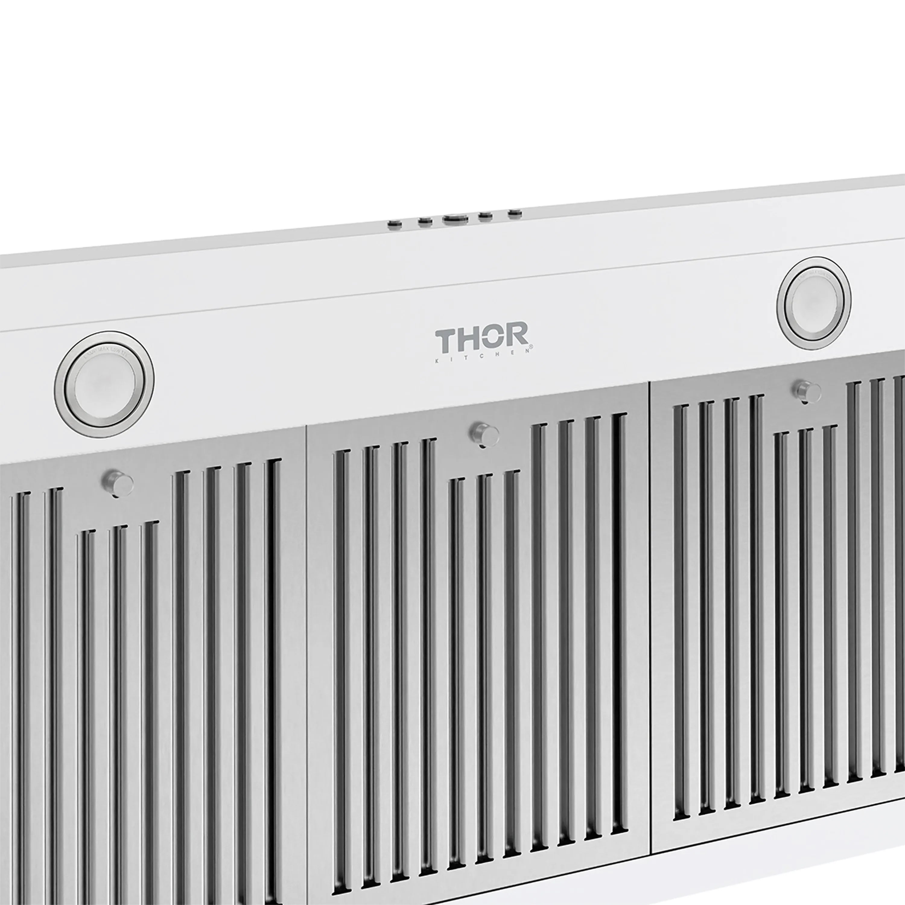 White range hood front with THOR logo, round knobs, and vertical vent slots