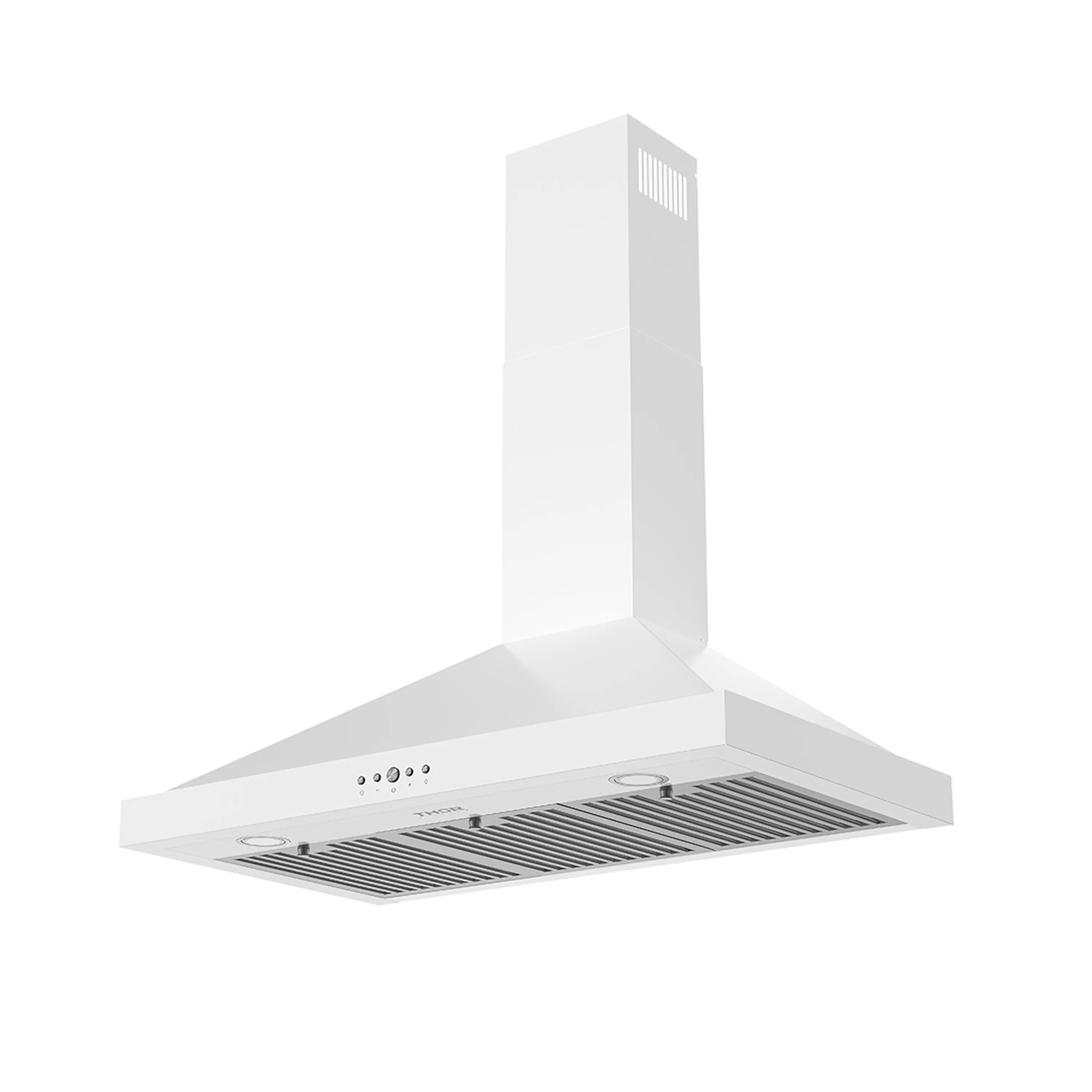 White wall mount range hood angled view with chimney and vent grille