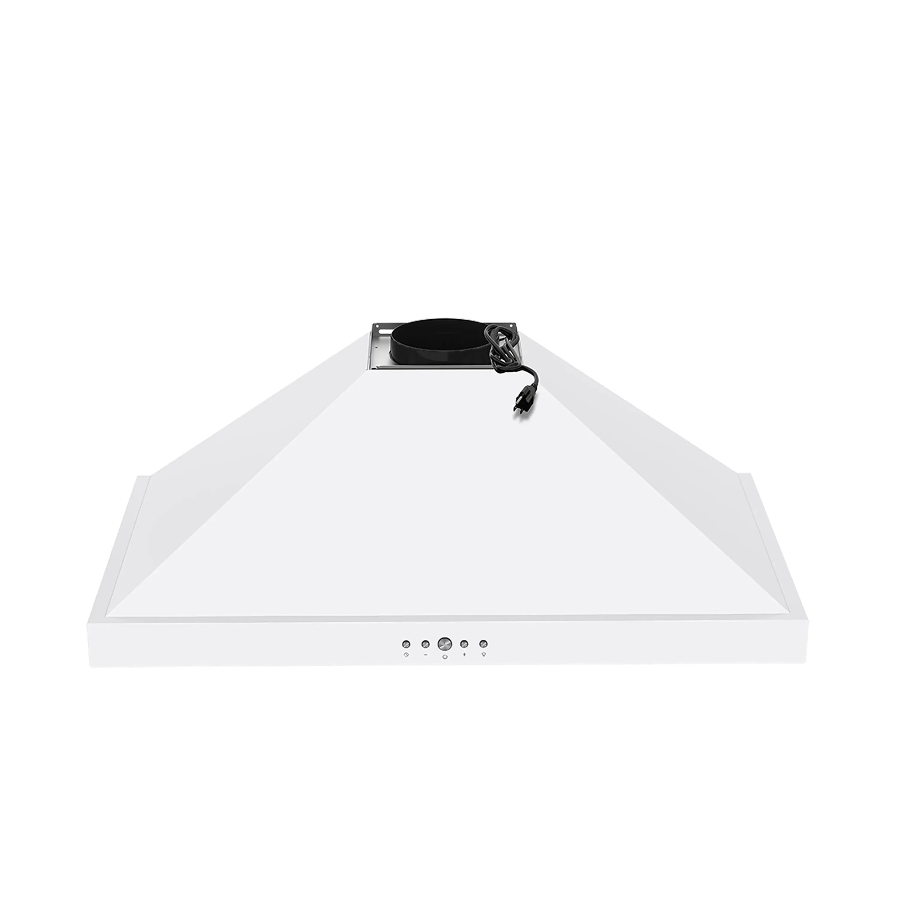 White wall-mount range hood with black cooktop vent and control buttons