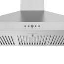 Stainless steel range hood control panel with indicator lights and vent grilles