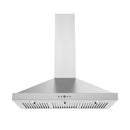Stainless steel wall mounted chimney range hood with vented filter cover and controls