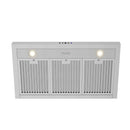 Stainless steel range hood front with three vent sections and two round light fixtures